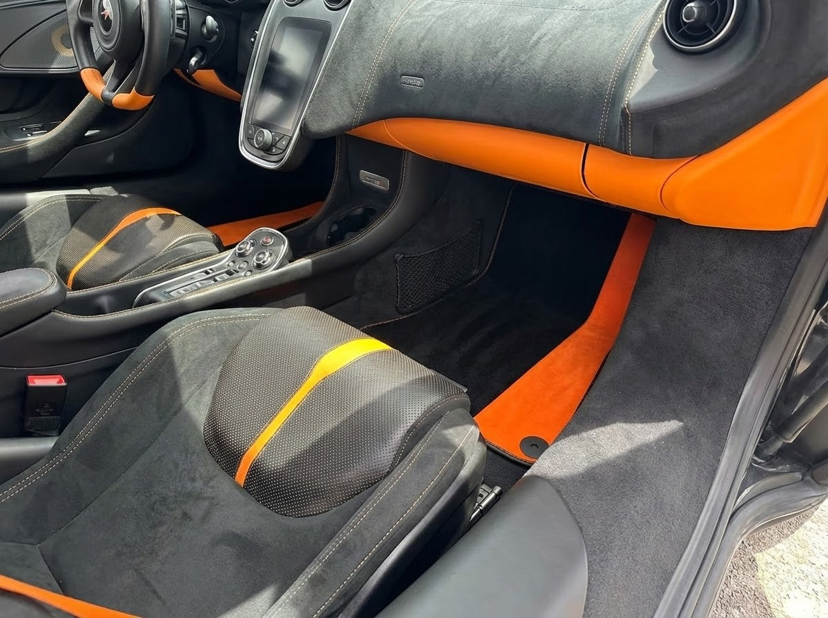 Black Floor Mats For McLaren 570S (2015-2021) With Orange Alcantara Leather