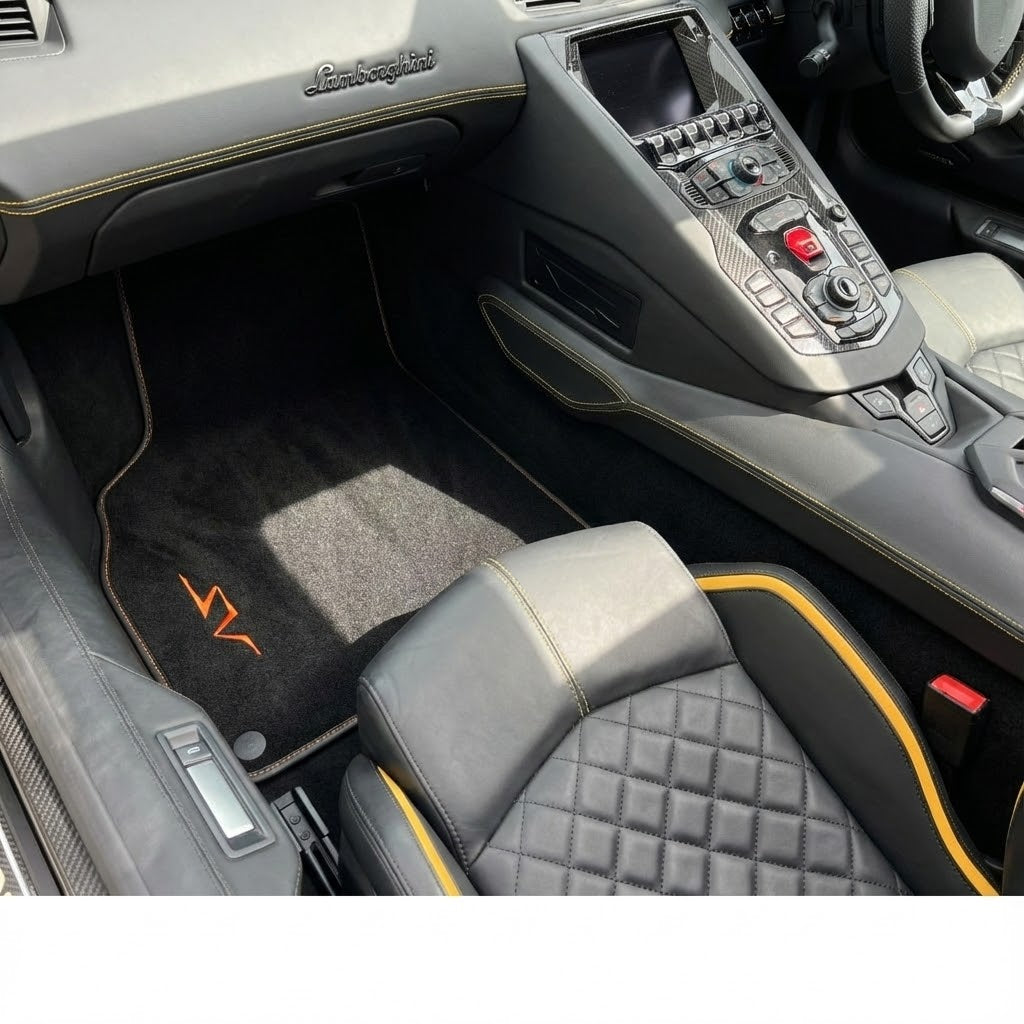 Black Floor Mats for Lamborghini Aventador SV | Orange Edition