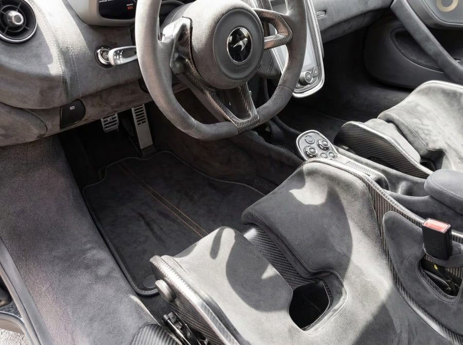 Floor Mats For McLaren 600LT (2018-2020) Alcantara Black Tailored Carpets With Orange Sewing