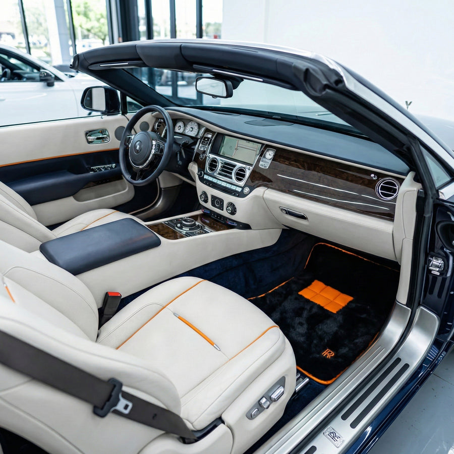 Black Sheepskin Floor Mats for Rolls Royce Dawn (2016-2023) with Orange Leather