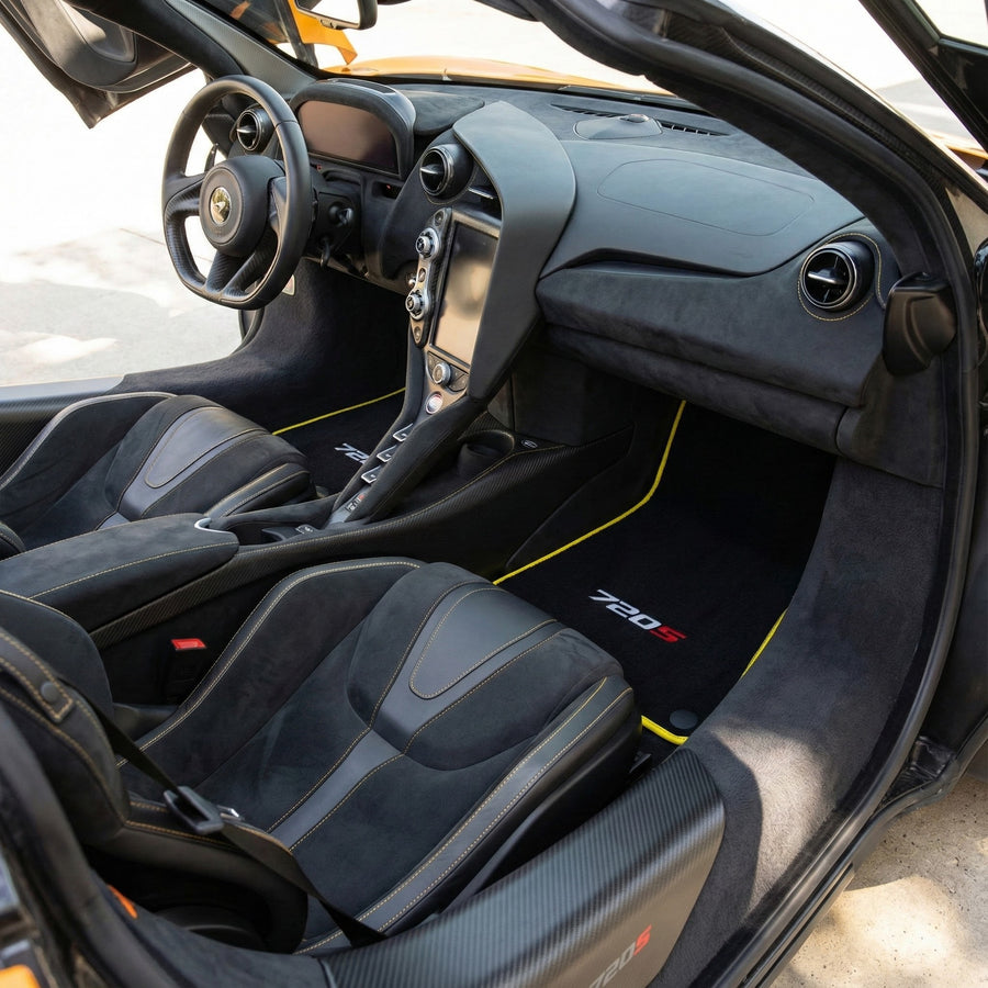 سجاد السيارات لمكلارين 720S أسود مفصل مع حواف صفراء