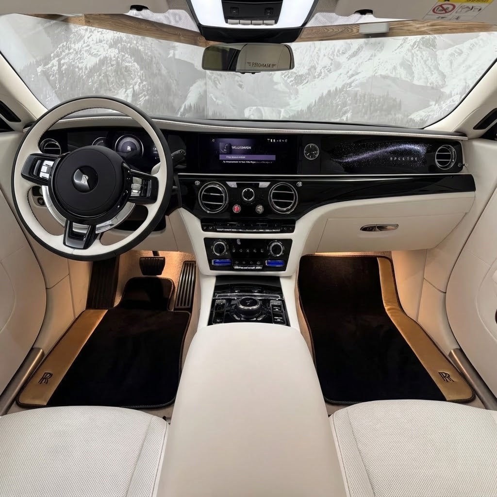 Black Floor Mats for Rolls Royce Spectre (2023-2024) with Gold Leather