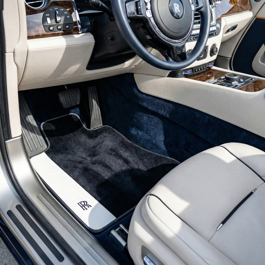Black Floor Mats for Rolls Royce Dawn (2016-2023) with White Leather | RR Logo