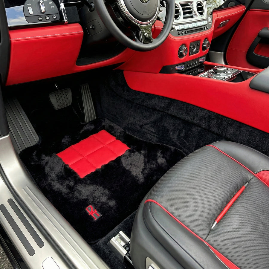 Black Sheepskin Floor Mats for Rolls Royce Dawn (2016-2023) with Red Leather