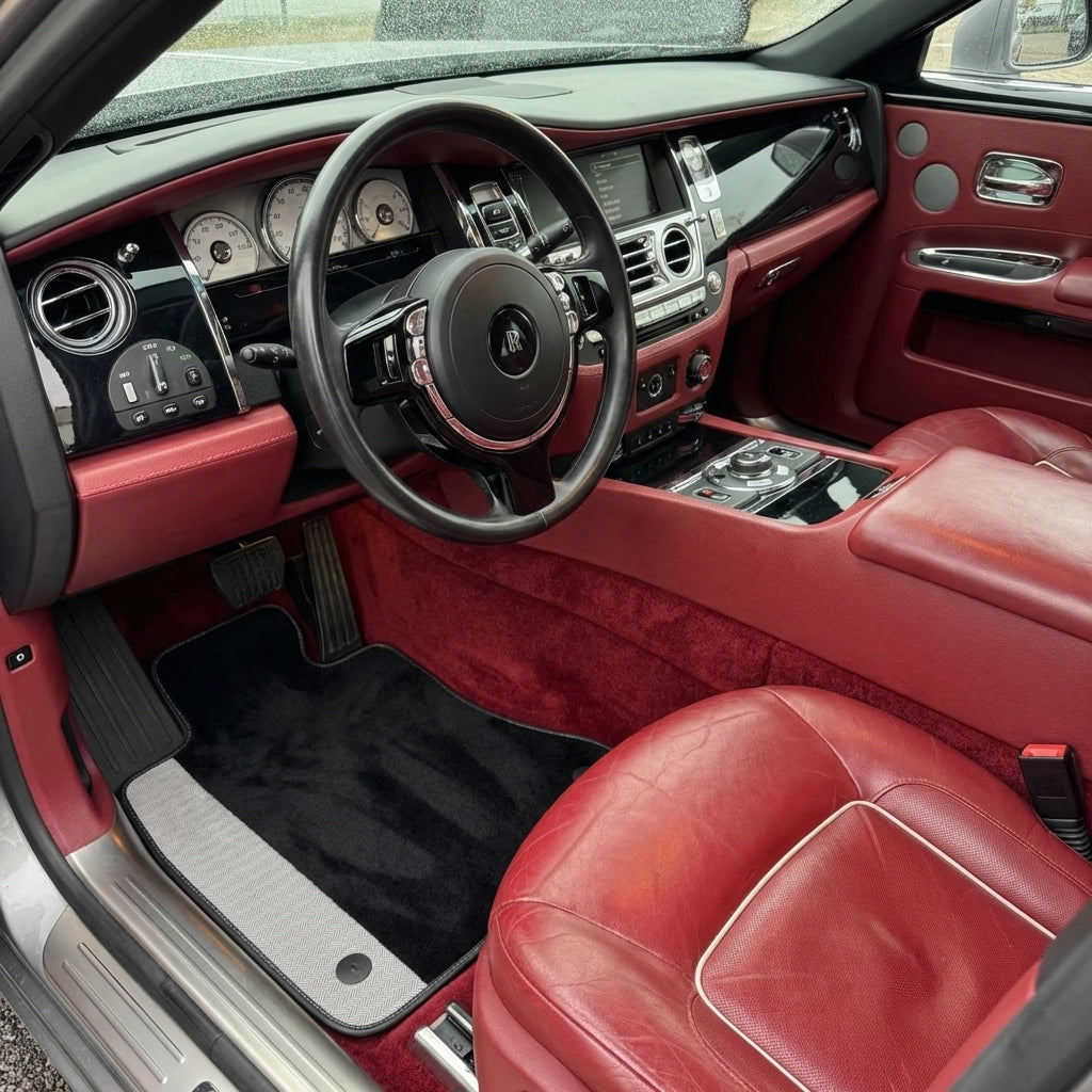 Black Floor Mats for Rolls Royce Ghost Series I 2010-2020 with Gray Leather Borders