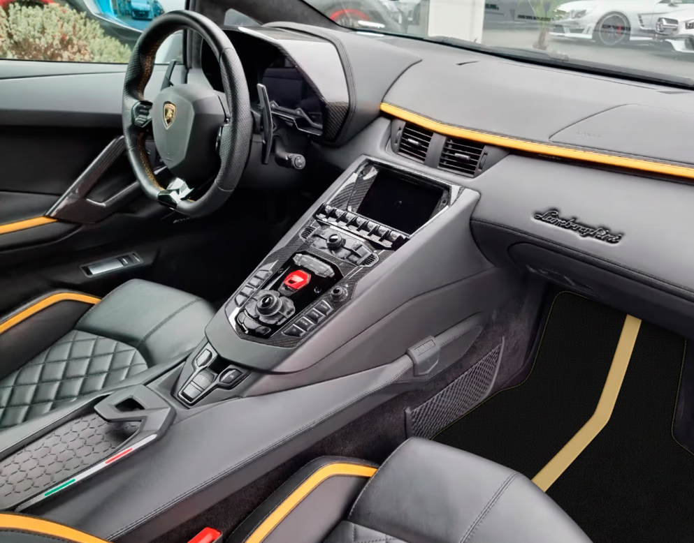 Black Floor Mats with Leather Line for Lamborghini Huracan Tecnica - Various Colors