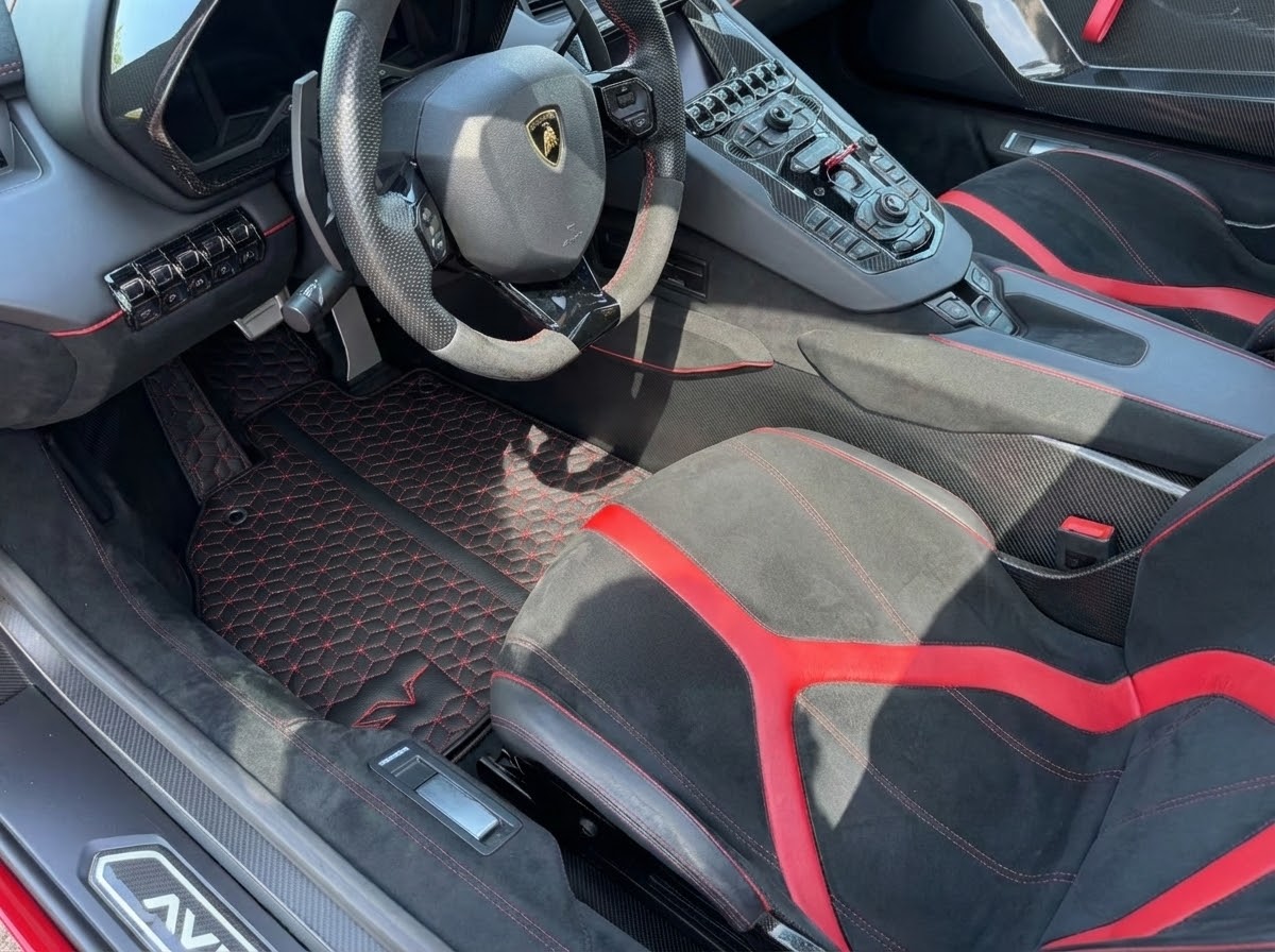 Leather Floor Mats for Lamborghini Aventador SV | Red Stitching