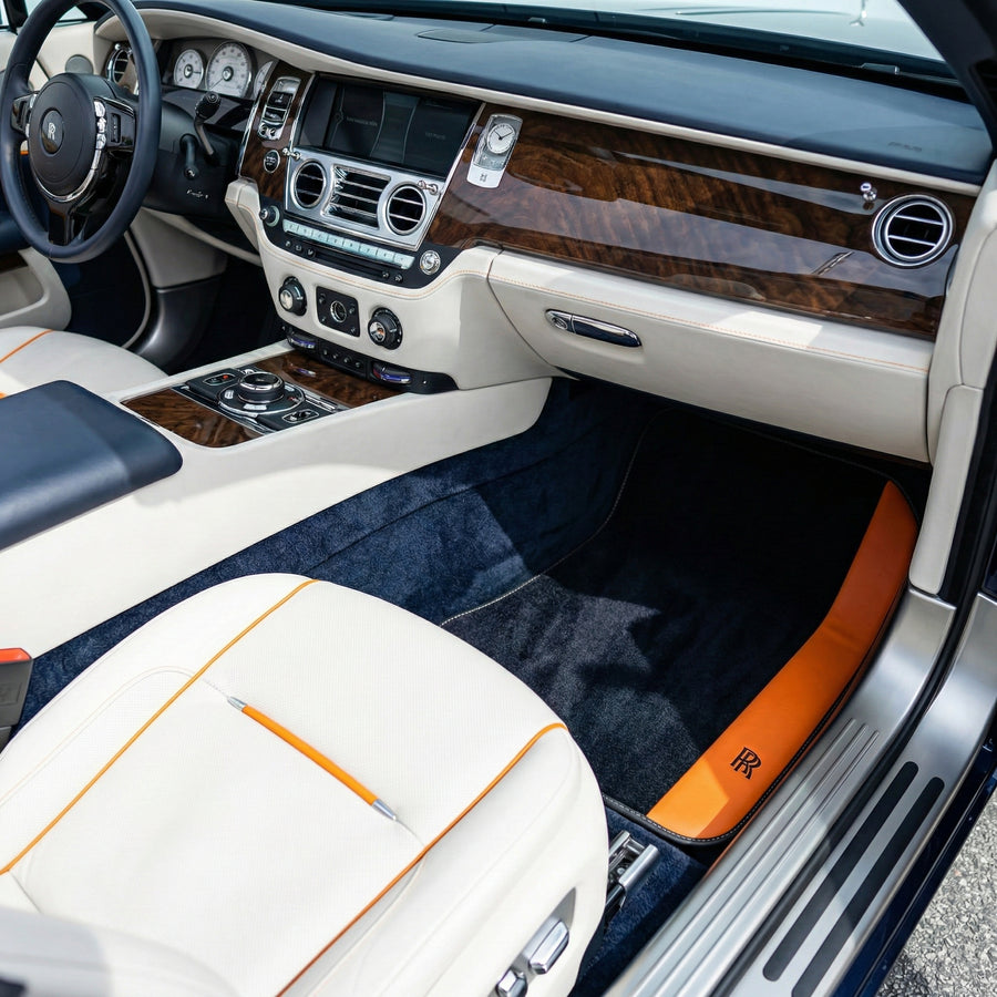 Black Floor Mats for Rolls Royce Dawn (2016-2023) with Orange Leather
