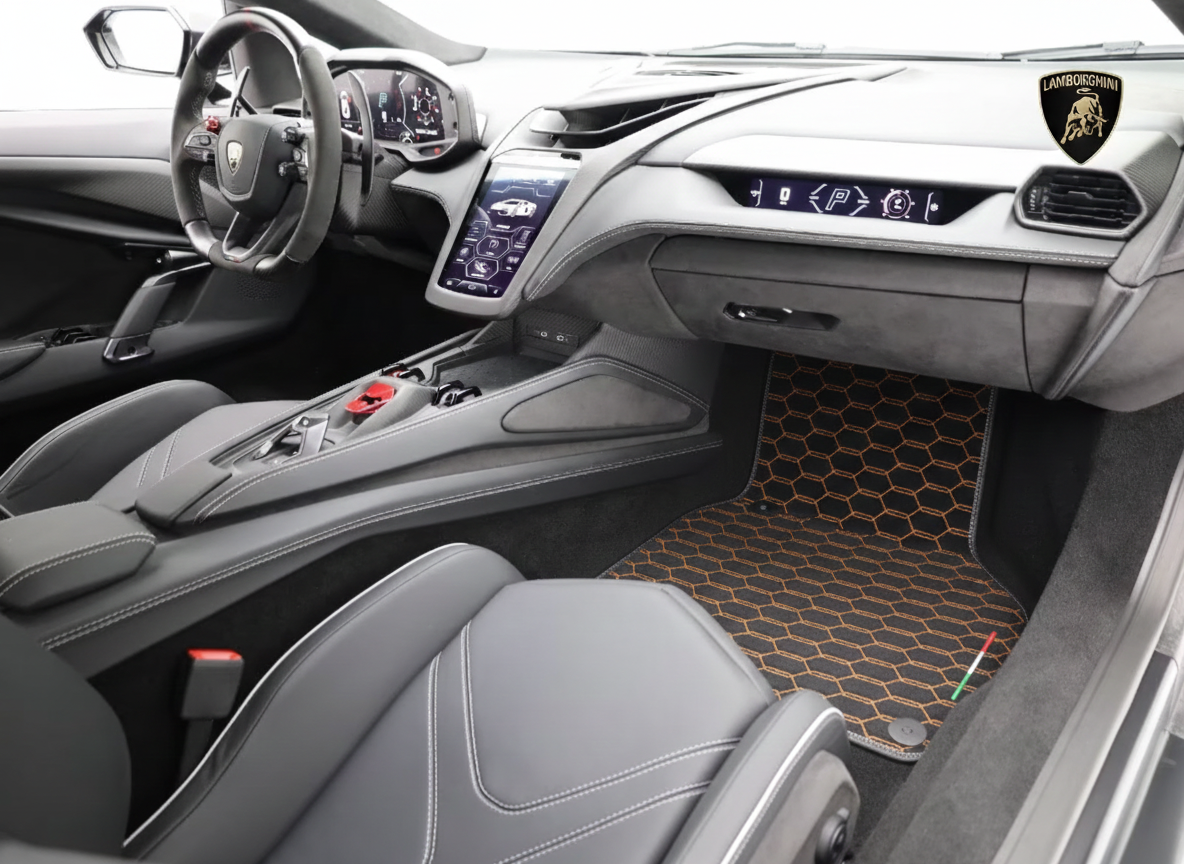 Black Floor Mats with Leather for Lamborghini Revuelto (2024-2025) | White Trim - AutoWin