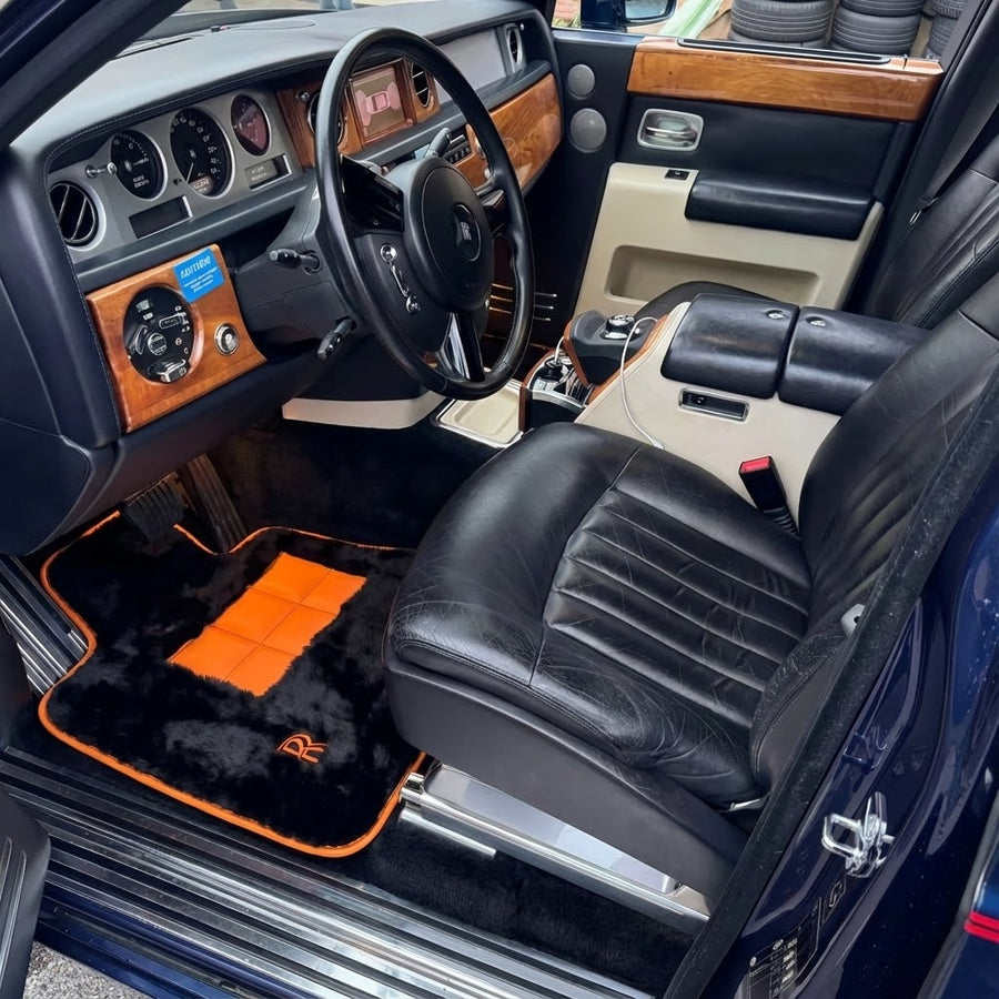 Black Sheepskin Floor Mats for Rolls Royce Phantom VIII (2017-2024) with Orange Leather