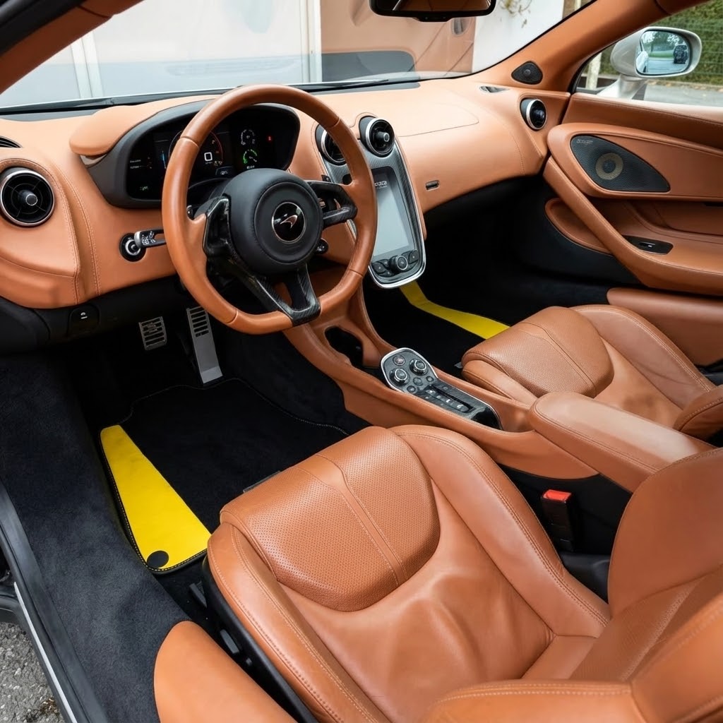 حصائر سيارات سوداء لمكلارين 570S (2015-2021) مع جلد أصفر