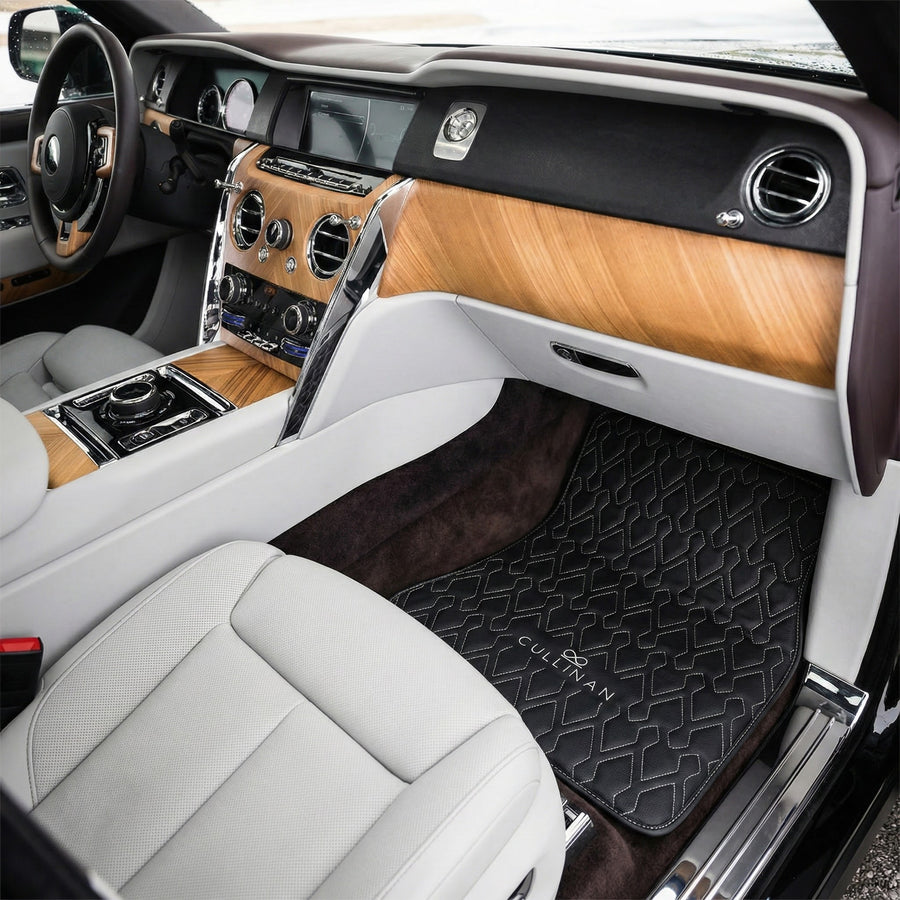 Black Leather Floor Mats for Rolls Royce Cullinan (2018-2025) with White Stitching