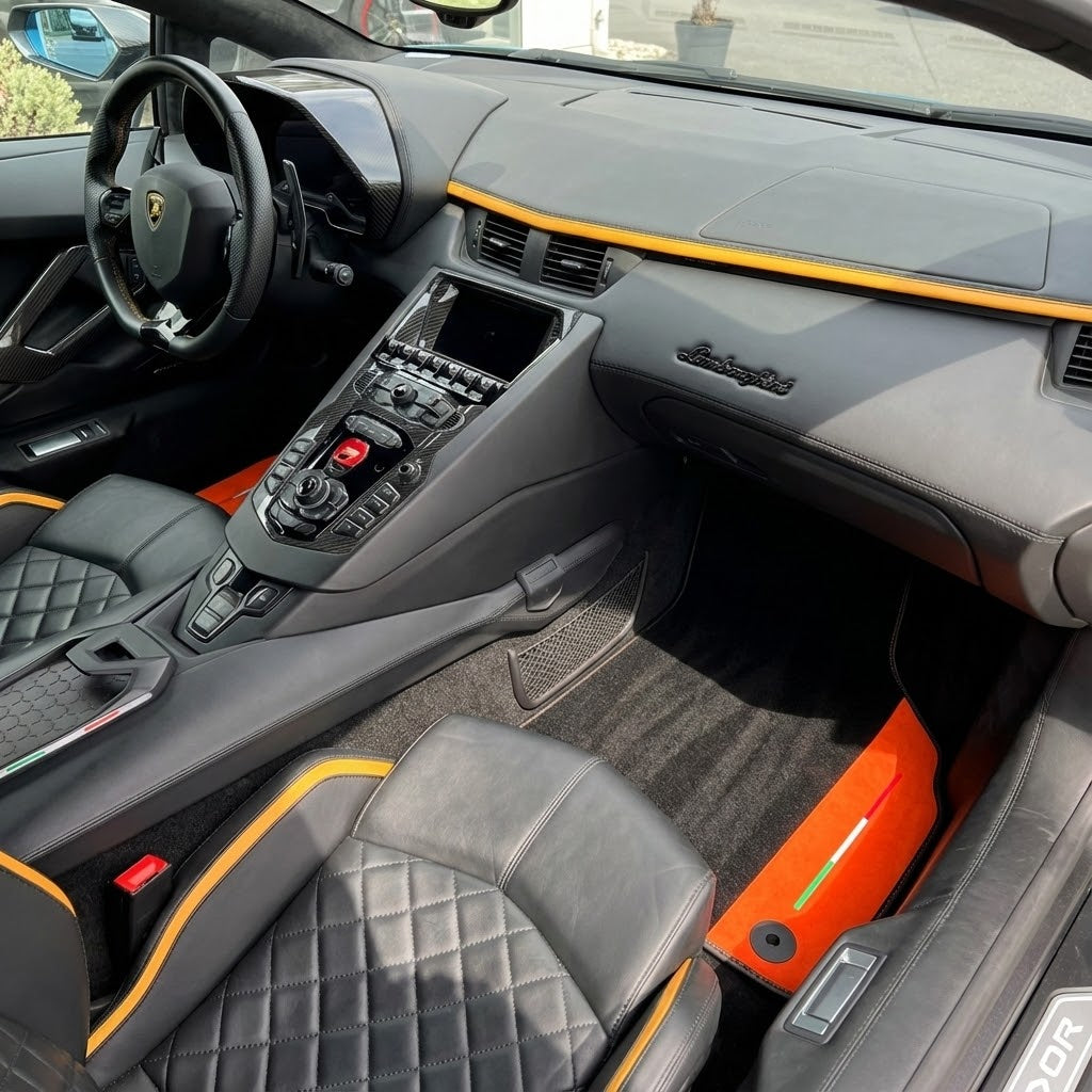 Customizable Black Floor Mats for Lamborghini Aventador with Orange (Arancia Mira) Nappa Leather