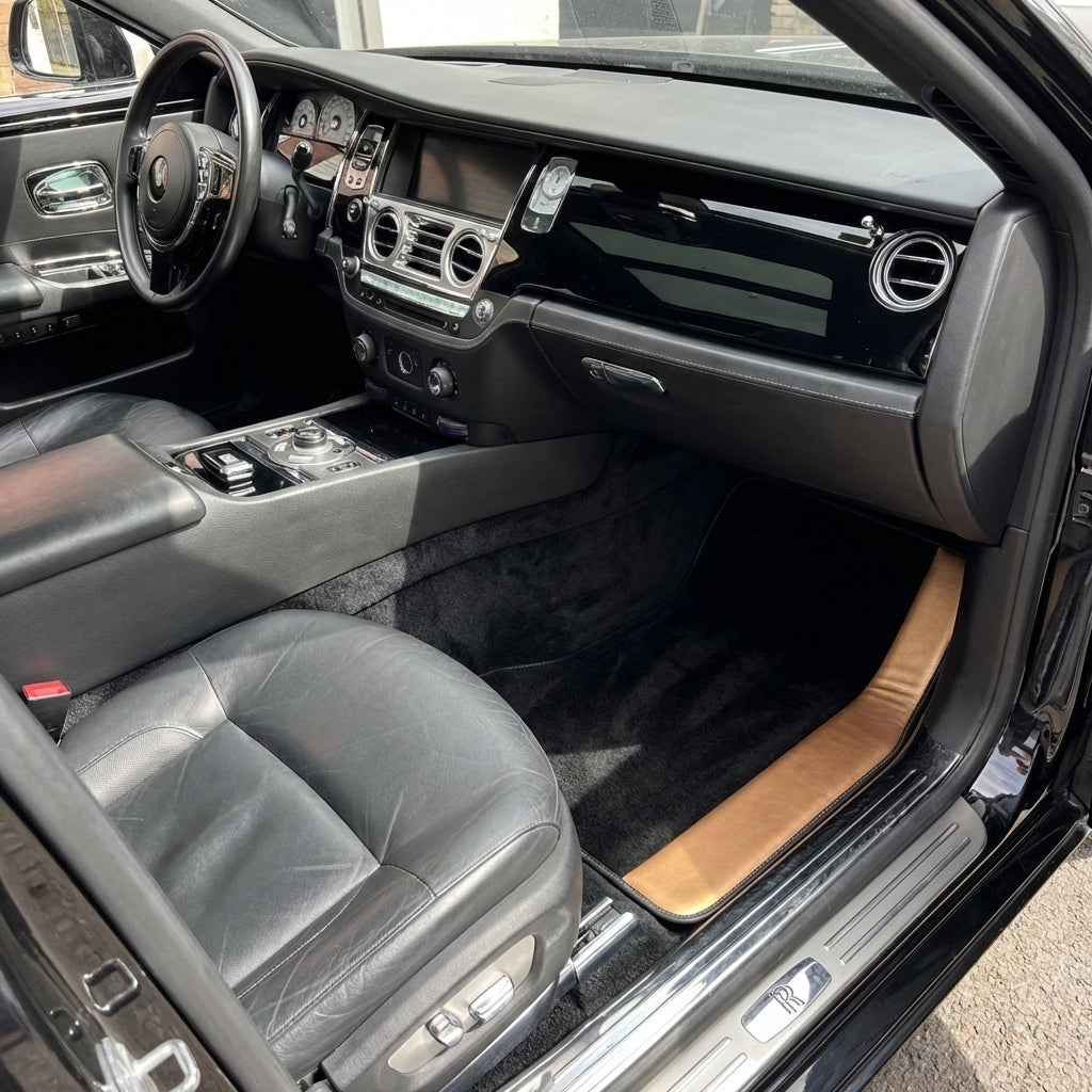 Black Floor Mats for Rolls Royce Ghost Series II (2021-2024) with Golden Leather