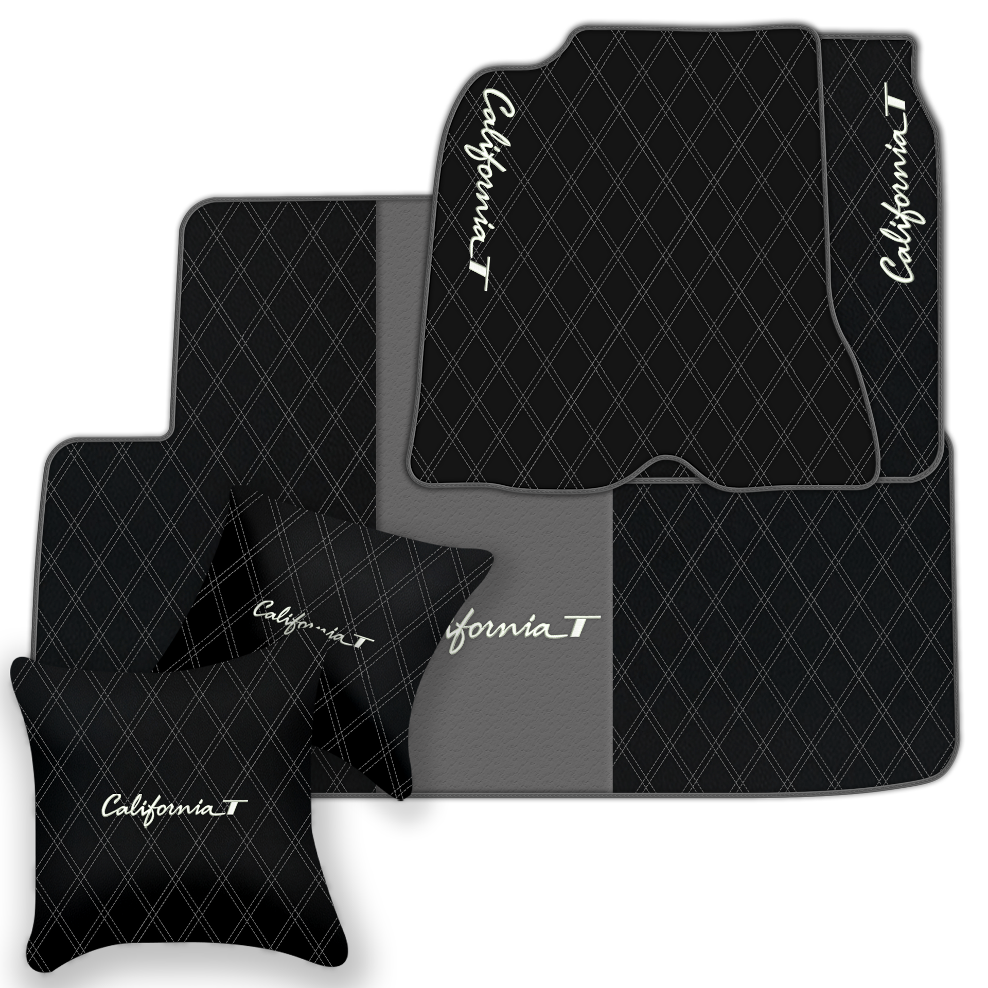 Black Leather Floor Mats for Ferrari California T (2015-2018) with Double Diamond Pattern | Full Set Option - AutoWin