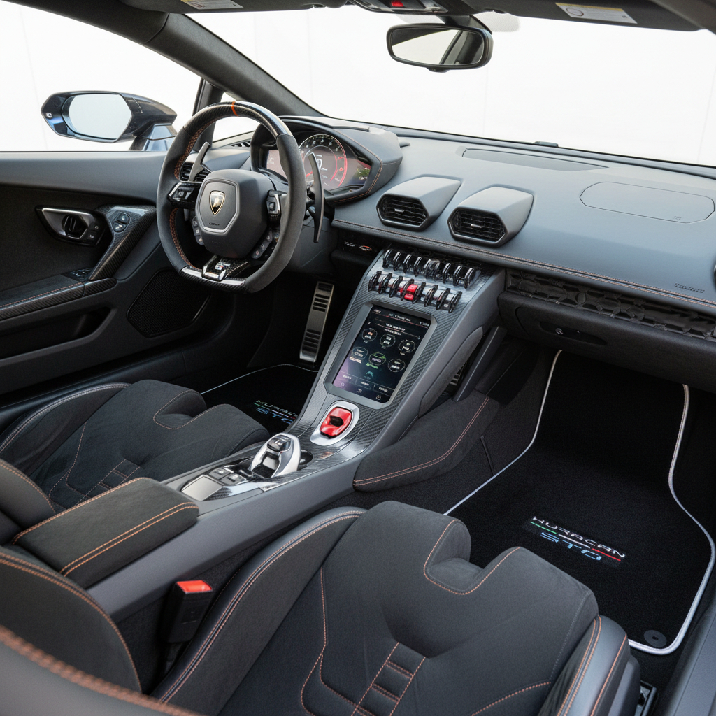 حصائر سيارات بساط أسود لسيارة لامبورغيني هوراكان STO مع حواف بيضاء