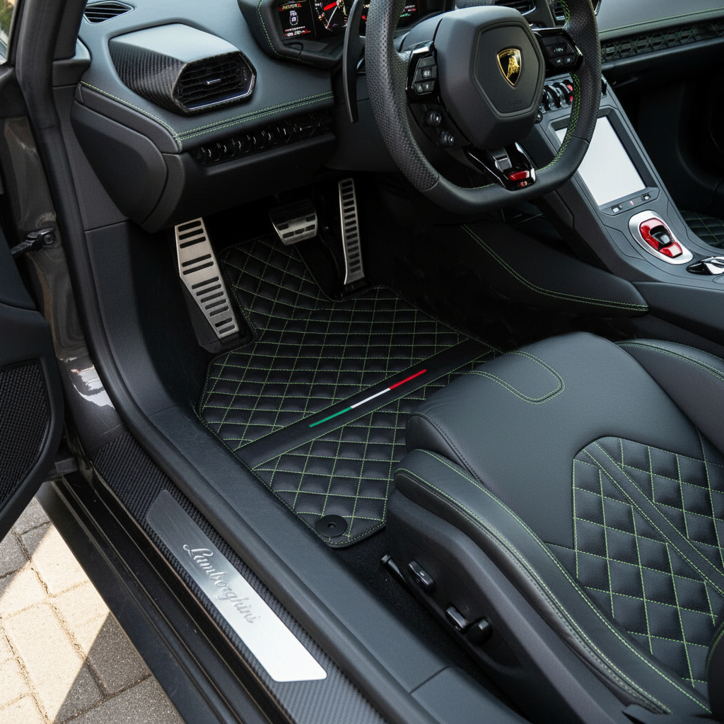 Custom Black Leather Floor Mats for Lamborghini Huracan Perfomante | Green Stitching