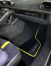 Black Floor Mats for Lamborghini Huracan With Alcantara Leather Yellow Trim