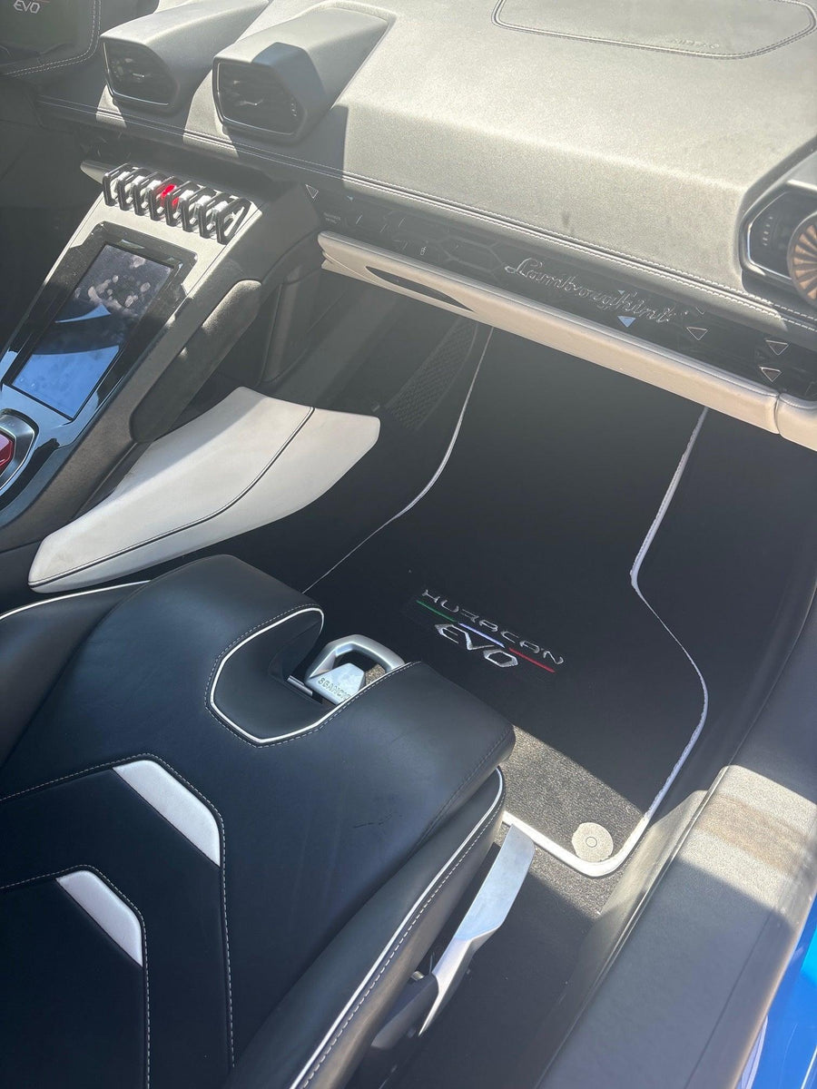 Black Floor Mats for Lamborghini Huracan EVO (2014-2023) with White Trim - AutoWin
