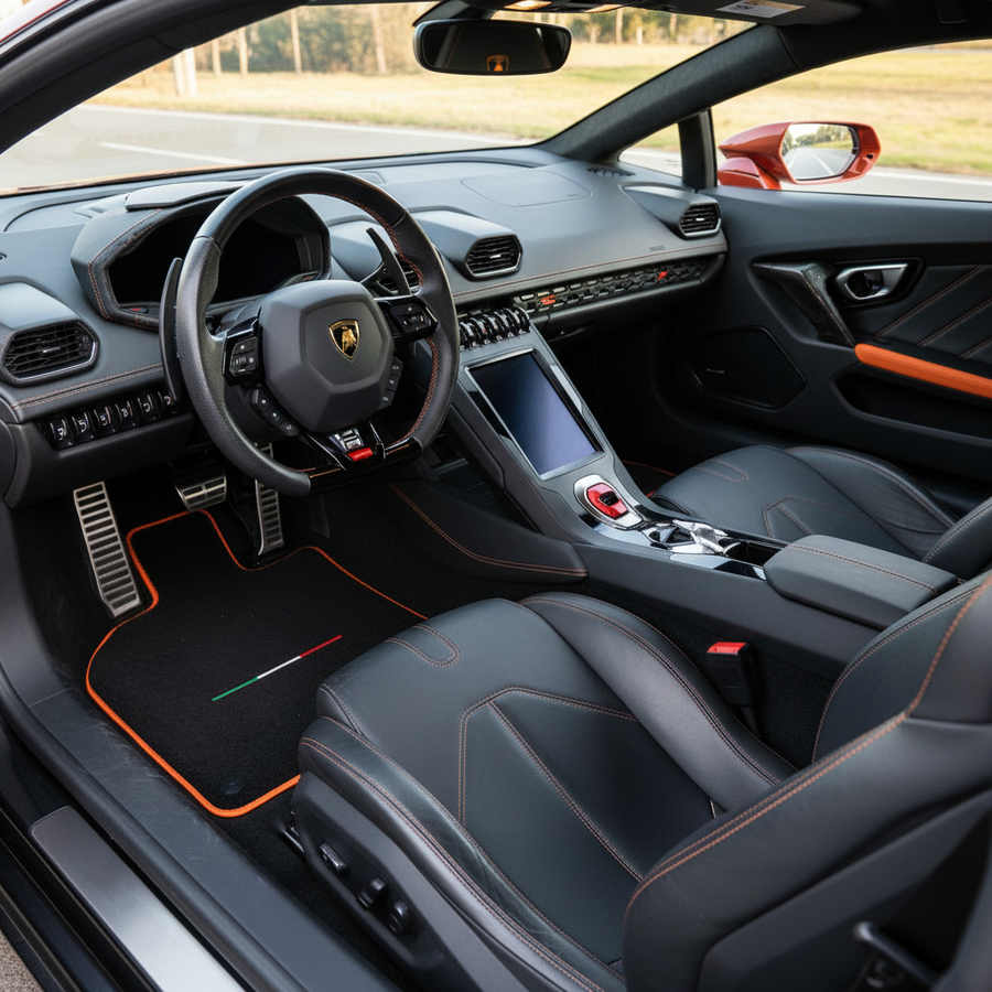 Black Floor Mats for Lamborghini Huracan STO with Orange Trim | Italian Flague