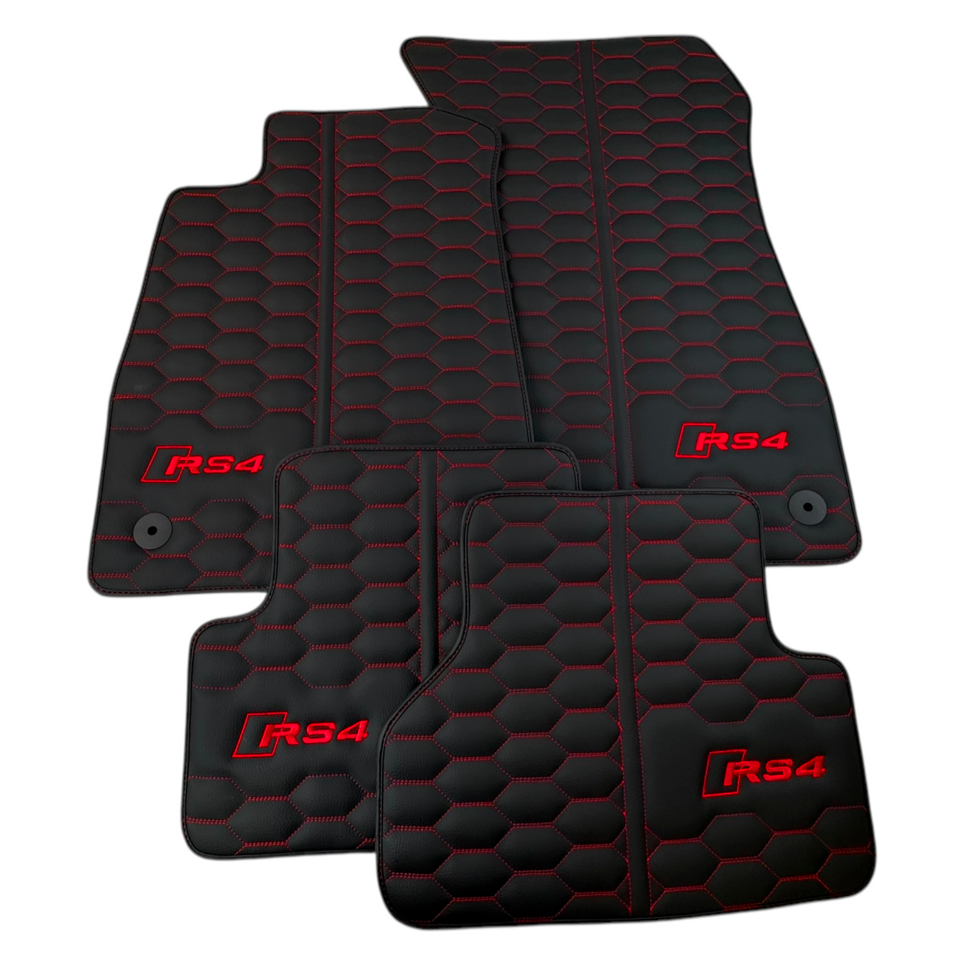 Black Leather Floor Mats for Audi RS 4 B9 Avant (2017-2024) Red Stitching