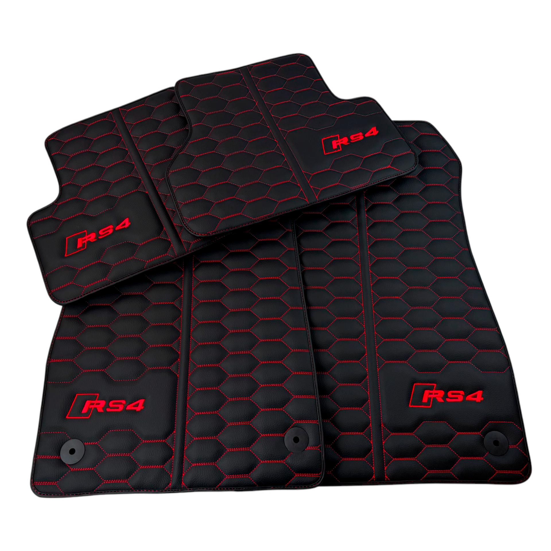 Black Leather Floor Mats for Audi RS 4 B9 Avant (2017-2024) Red Stitching