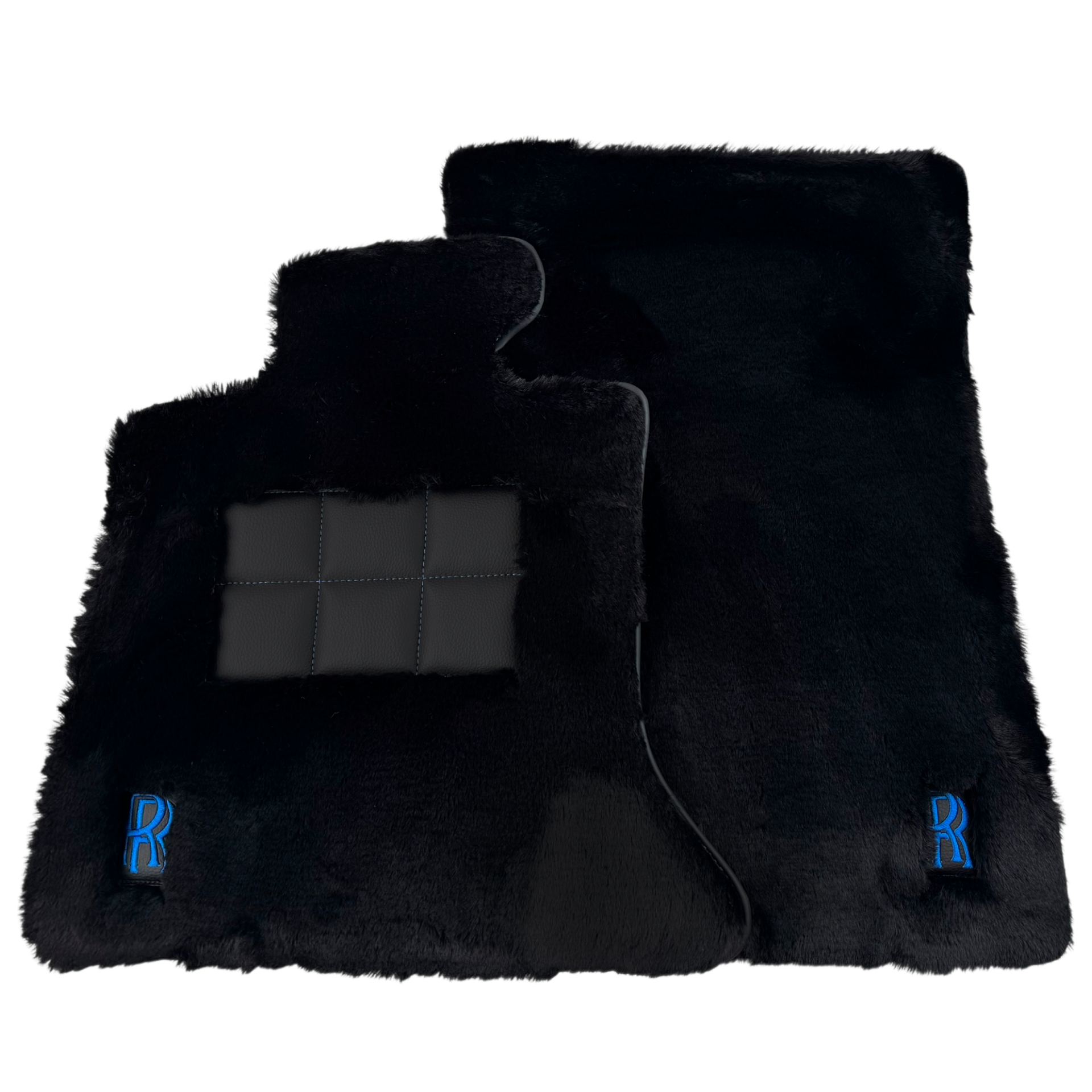 Set of Black Sheepskin Floor Mats & Pillows for Rolls Royce Cullinan (2018-2025) with Black Leather | Blue RR Logo