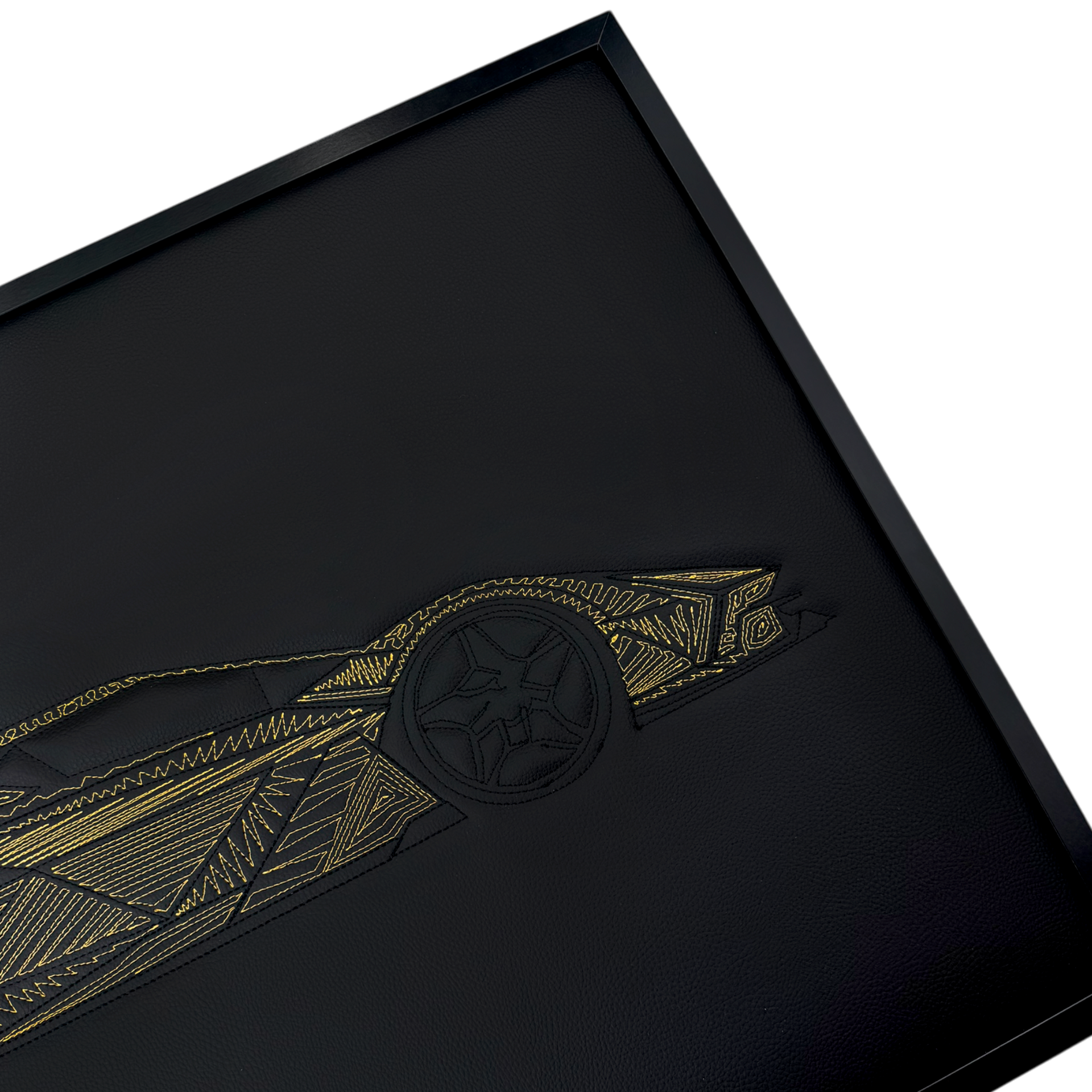 Black Leather Supercar Inspired Wall Art: Embroidered Yellow Stitch