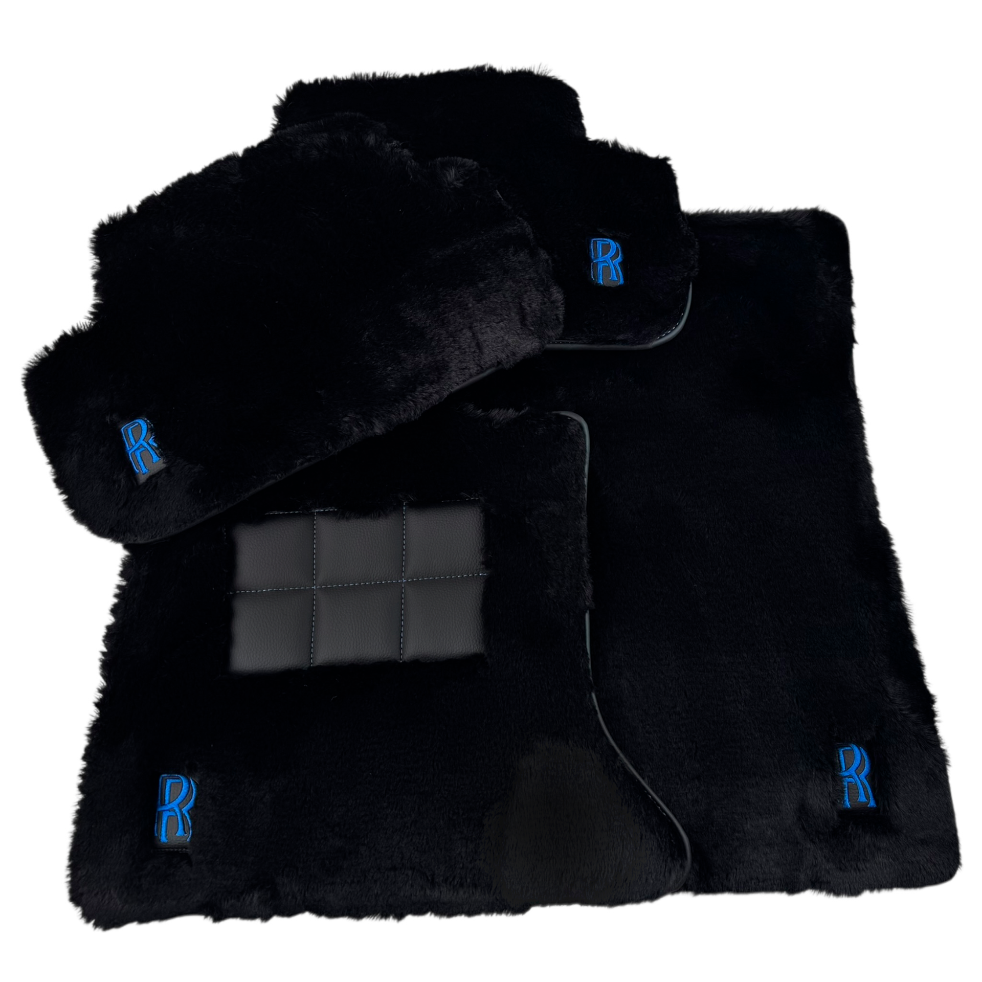 Set of Black Sheepskin Floor Mats & Pillows for Rolls Royce Cullinan (2018-2025) with Black Leather | Blue RR Logo