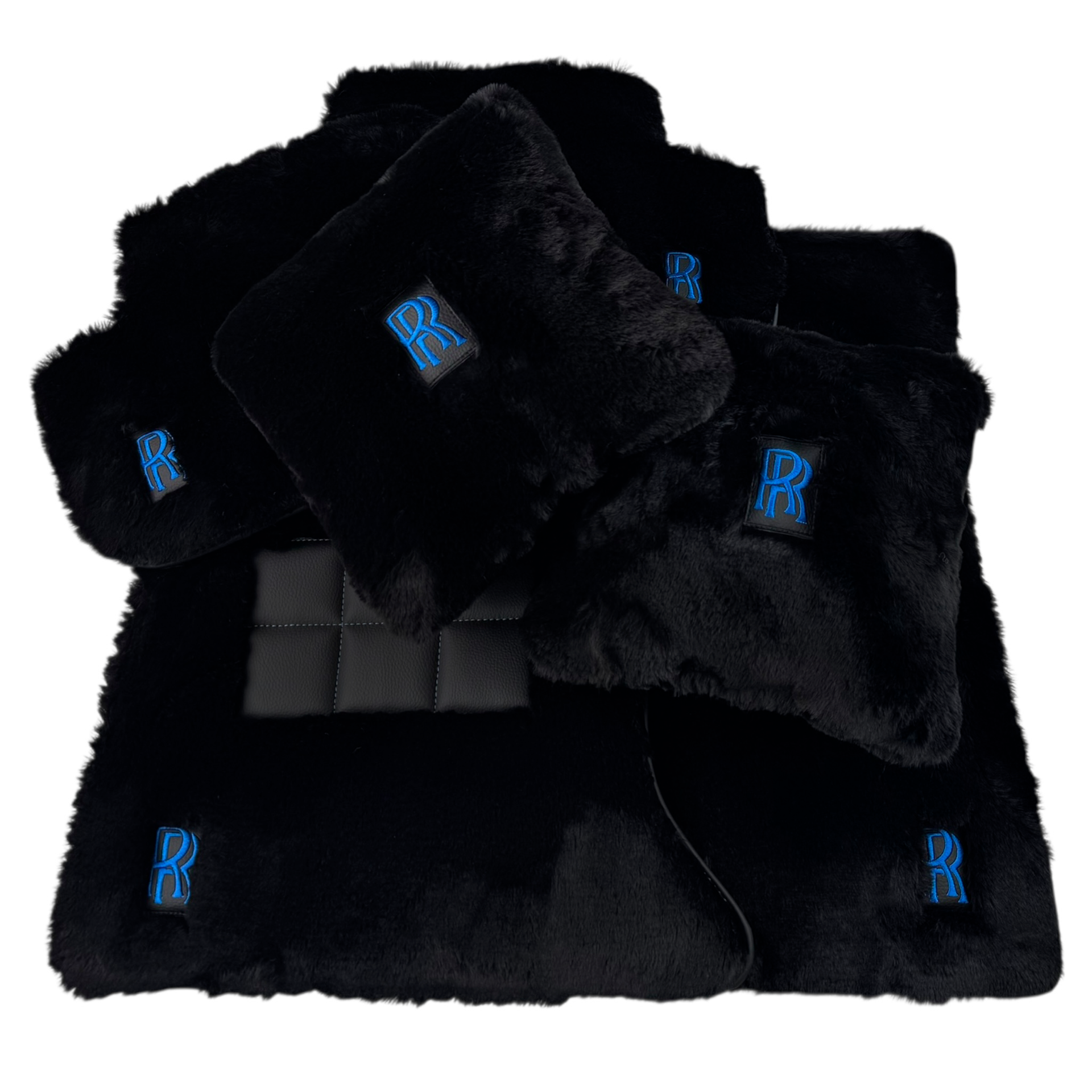 Set of Black Sheepskin Floor Mats & Pillows for Rolls Royce Cullinan (2018-2025) with Black Leather | Blue RR Logo