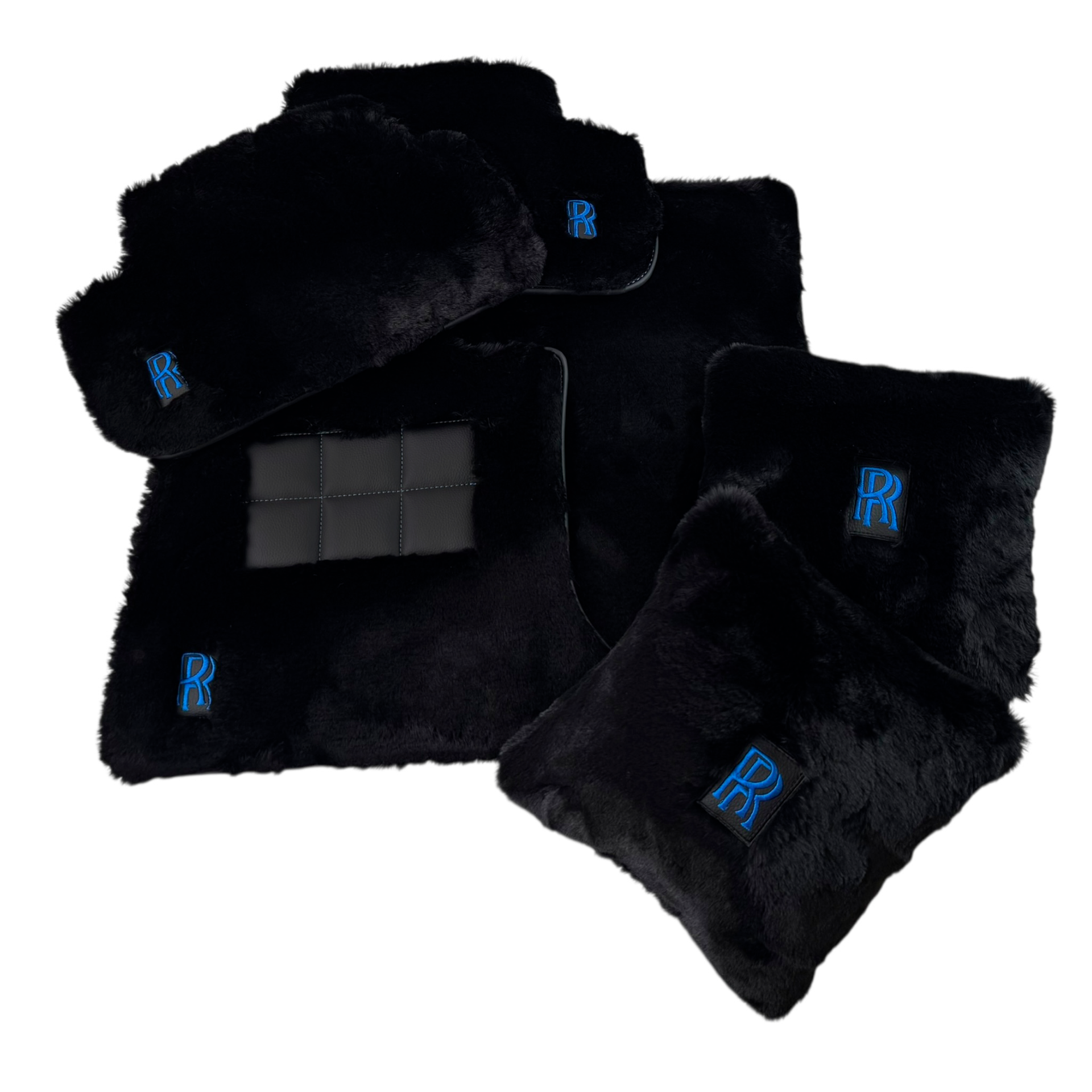 Set of Black Sheepskin Floor Mats & Pillows for Rolls Royce Cullinan (2018-2025) with Black Leather | Blue RR Logo