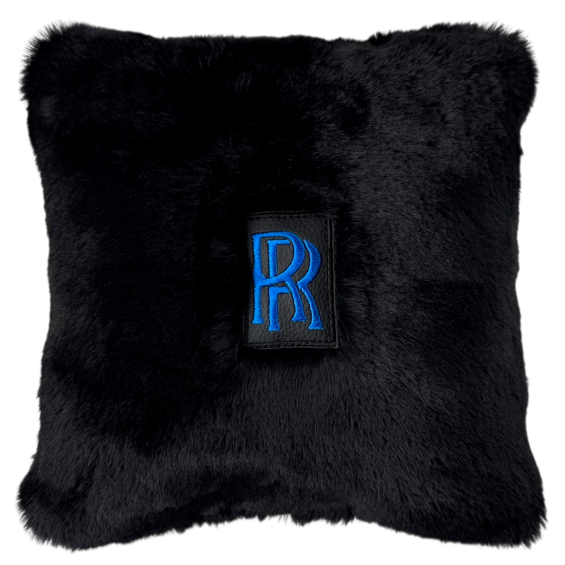 Set of Black Sheepskin Floor Mats & Pillows for Rolls Royce Cullinan (2018-2025) with Black Leather | Blue RR Logo