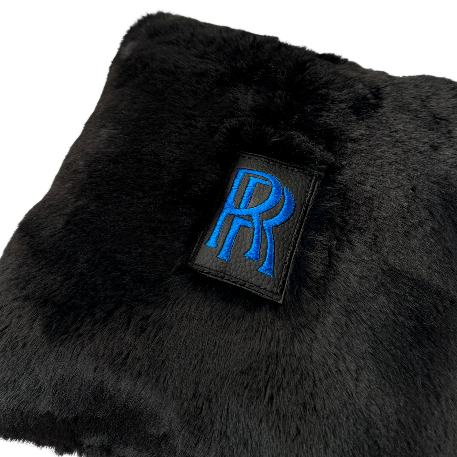 Set of Black Sheepskin Floor Mats & Pillows for Rolls Royce Cullinan (2018-2025) with Black Leather | Blue RR Logo