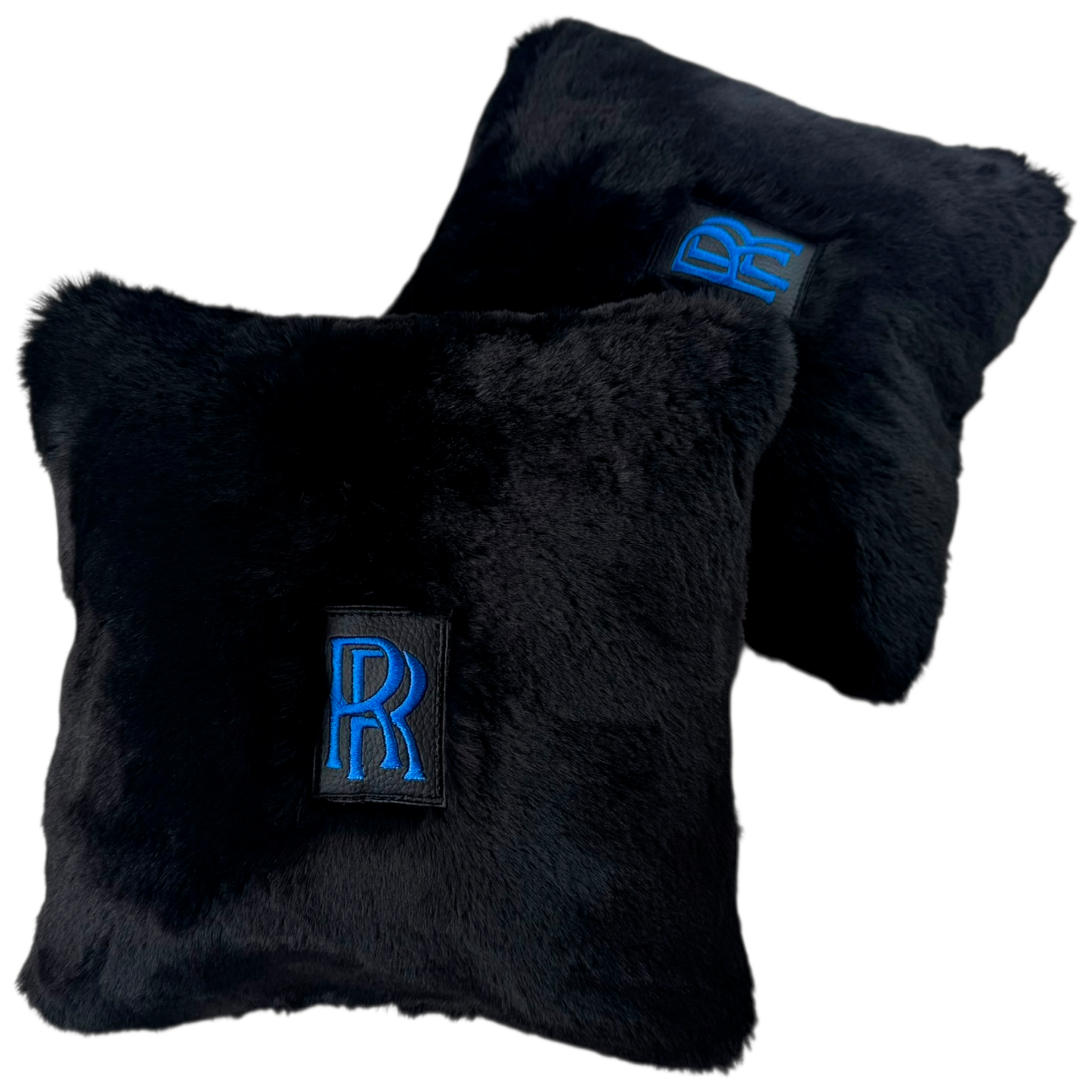 Set of Black Sheepskin Floor Mats & Pillows for Rolls Royce Cullinan (2018-2025) with Black Leather | Blue RR Logo
