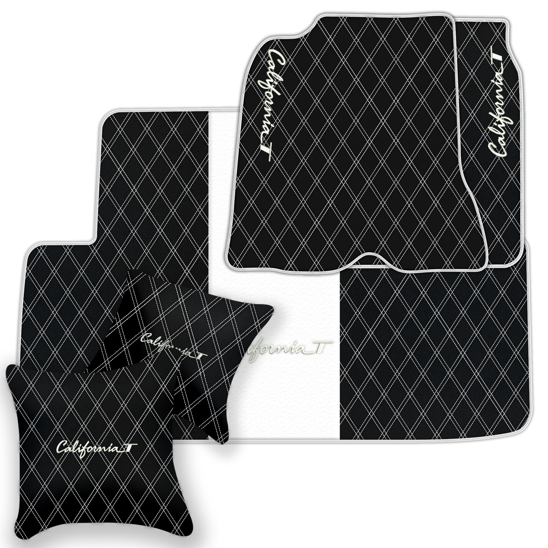 Black Leather Floor Mats for Ferrari California T (2015-2018) with Double Diamond Pattern | Full Set Option - AutoWin