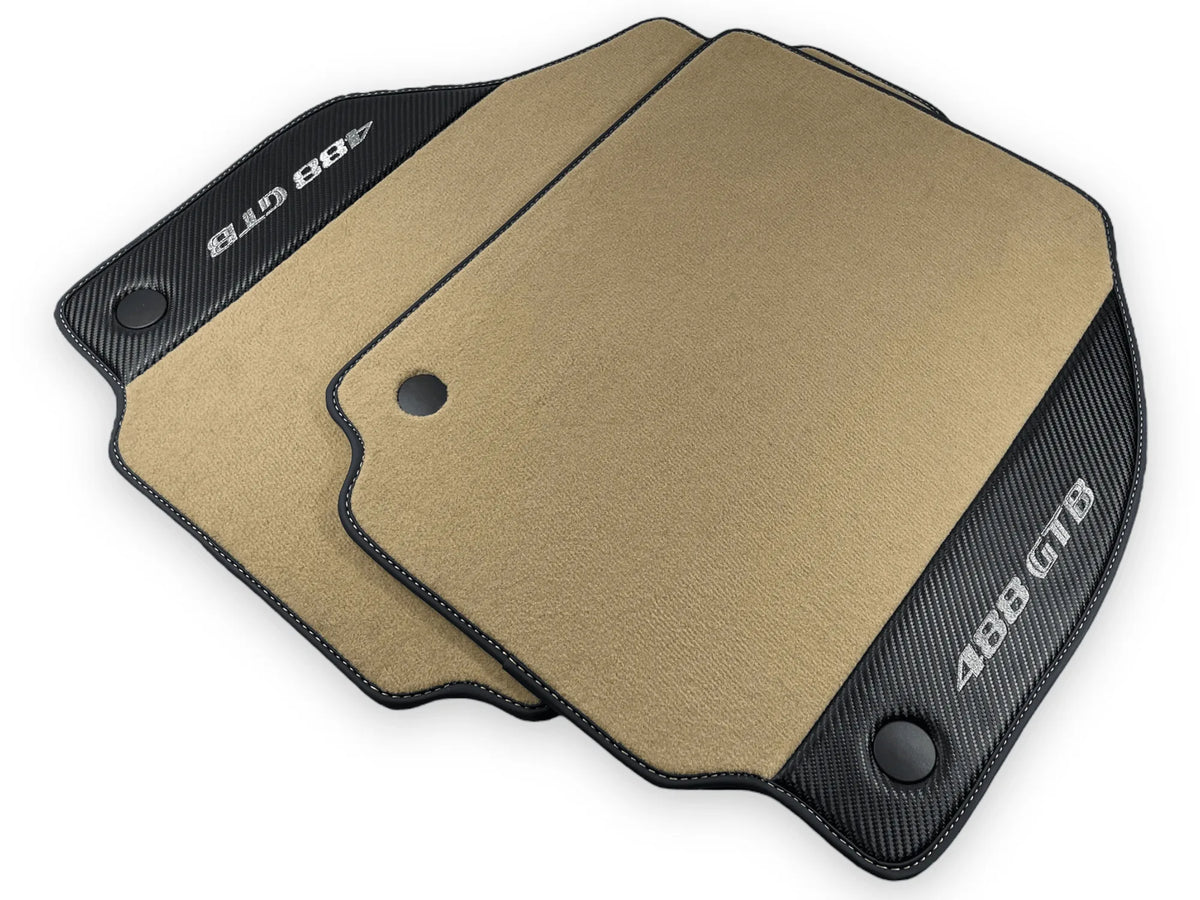 Beige Floor Mats For Ferrari 488 GTB 2016-2022 Carpets With Carbon Fiber - AutoWin