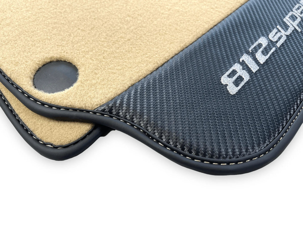 Beige Floor Mats For Ferrari 812 Superfast With Carbon Fiber Leather - AutoWin