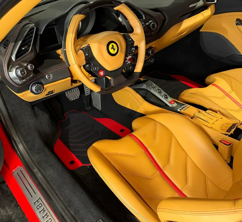 Black Alcantara Floor Mats for Ferrari F8 Tributo (2019-2023) with Red Alcantara Accents