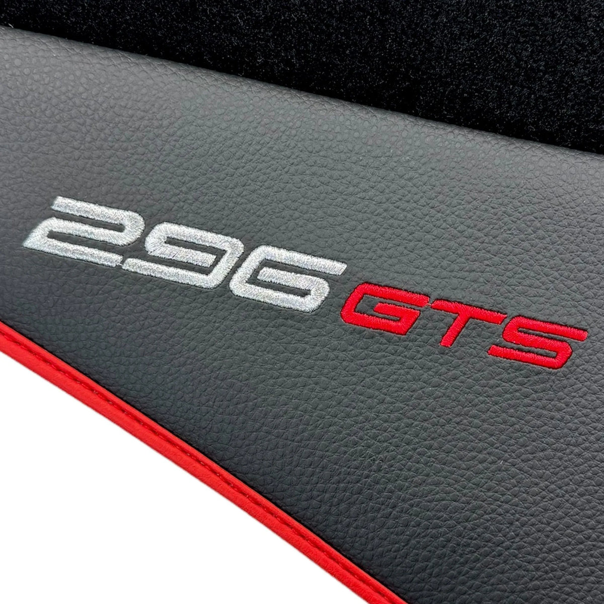 Black Floor Mats for Ferrari 296 GTS (2022-2027) with Leather and Red Trim - AutoWin