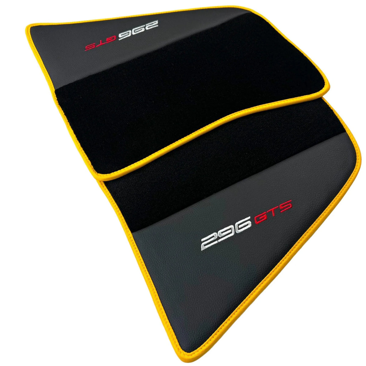 Black Floor Mats for Ferrari 296 GTS (2022-2027) with Leather and Yellow Trim - AutoWin