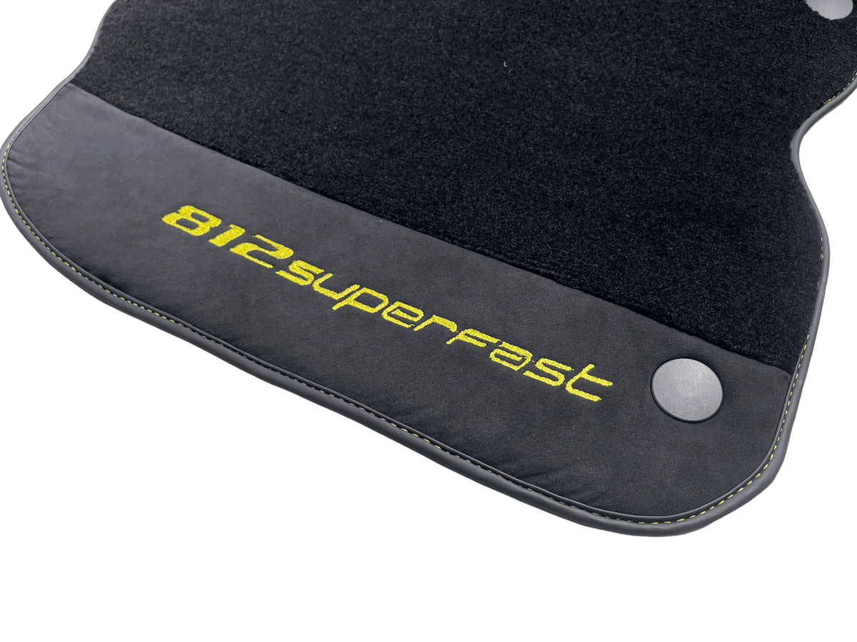 Black Floor Mats For Ferrari 812 Superfast With Alcantara Leather Yellow Edition - AutoWin
