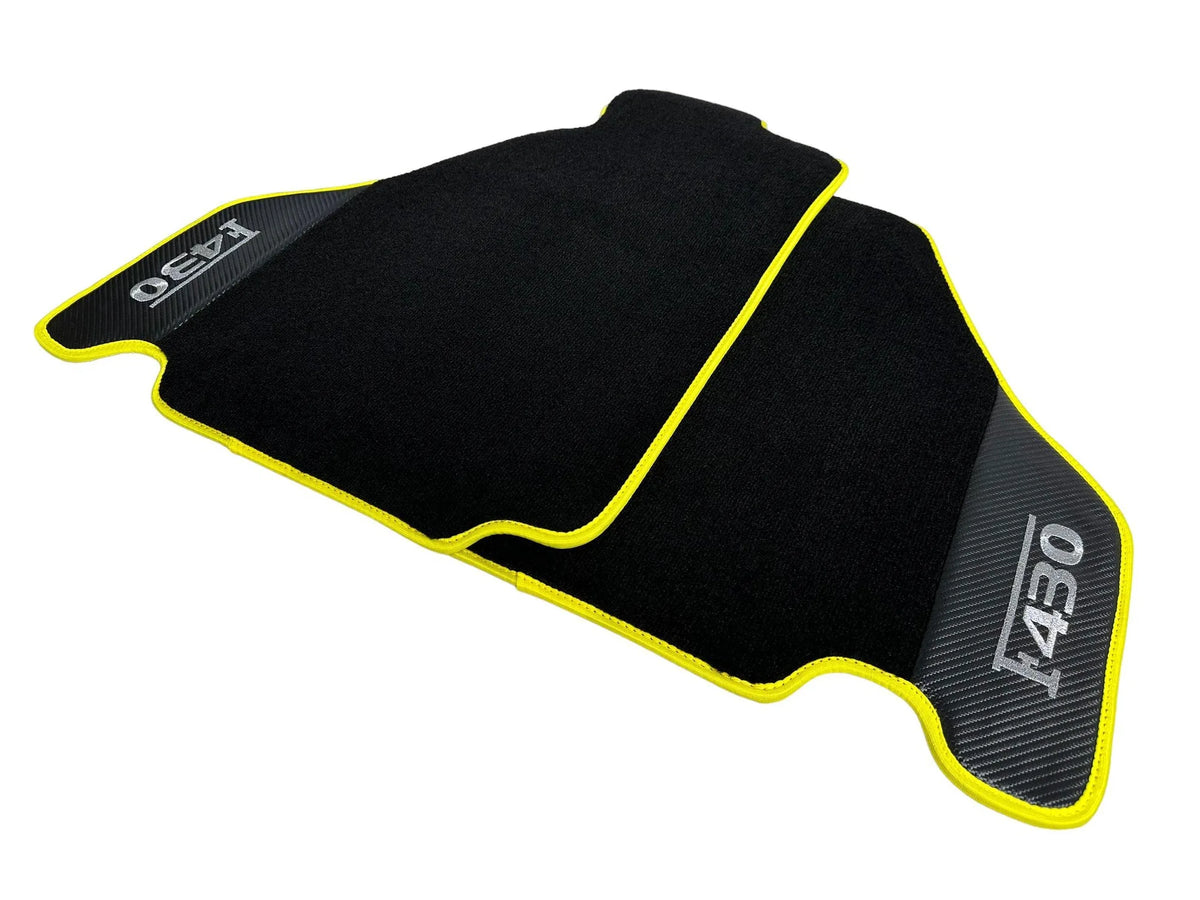 Black Floor Mats For Ferrari F430 2004-2009 With Carbon Fiber Leather Yellow Trim - AutoWin