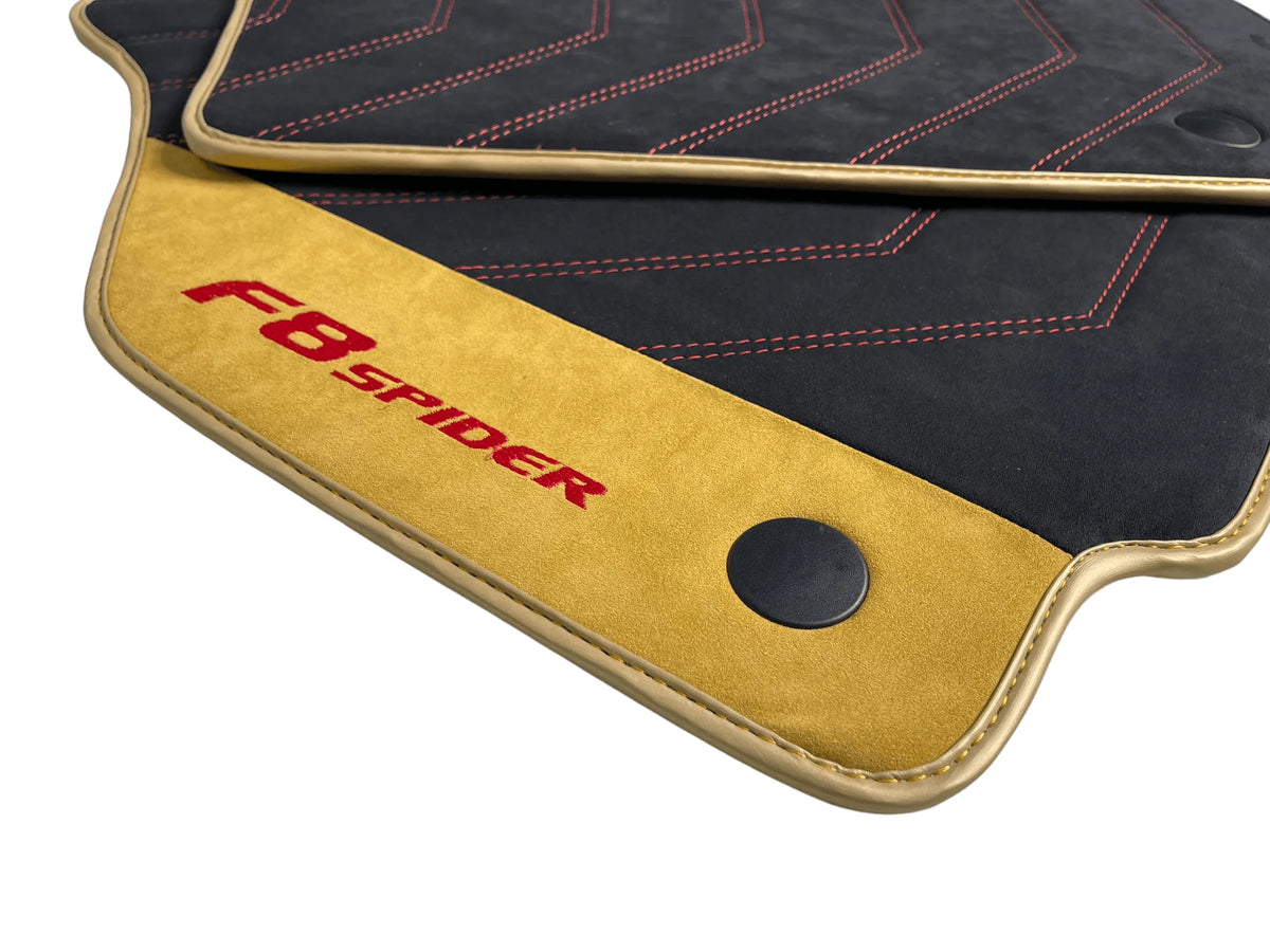 Black Floor Mats For Ferrari F8 Spider 2019-2022 With Tan Alcantara Leather - AutoWin