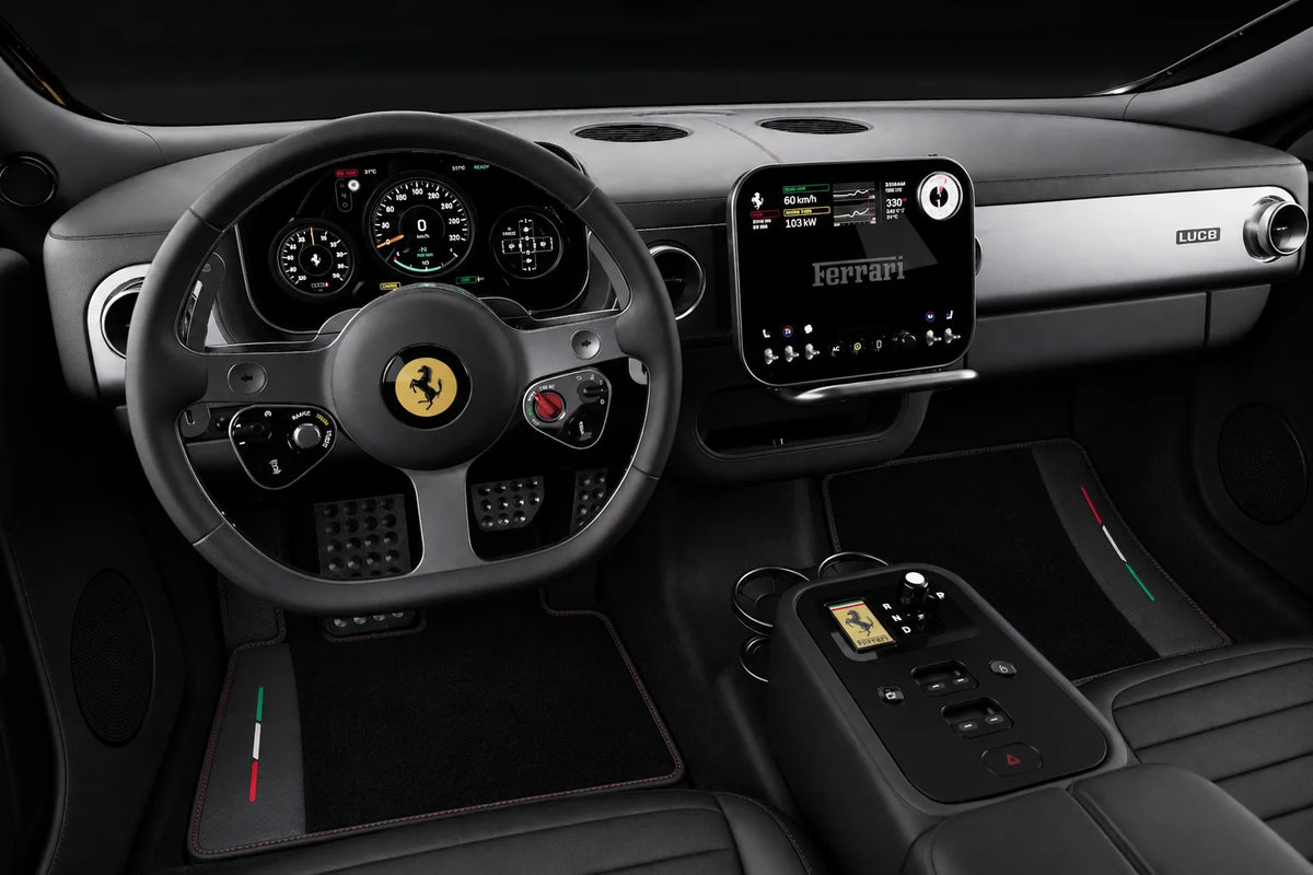 Black Floor Mats for Ferrari Luce (2026-2027) with Leather and Black Trim | Italian Edition inside the vehicle