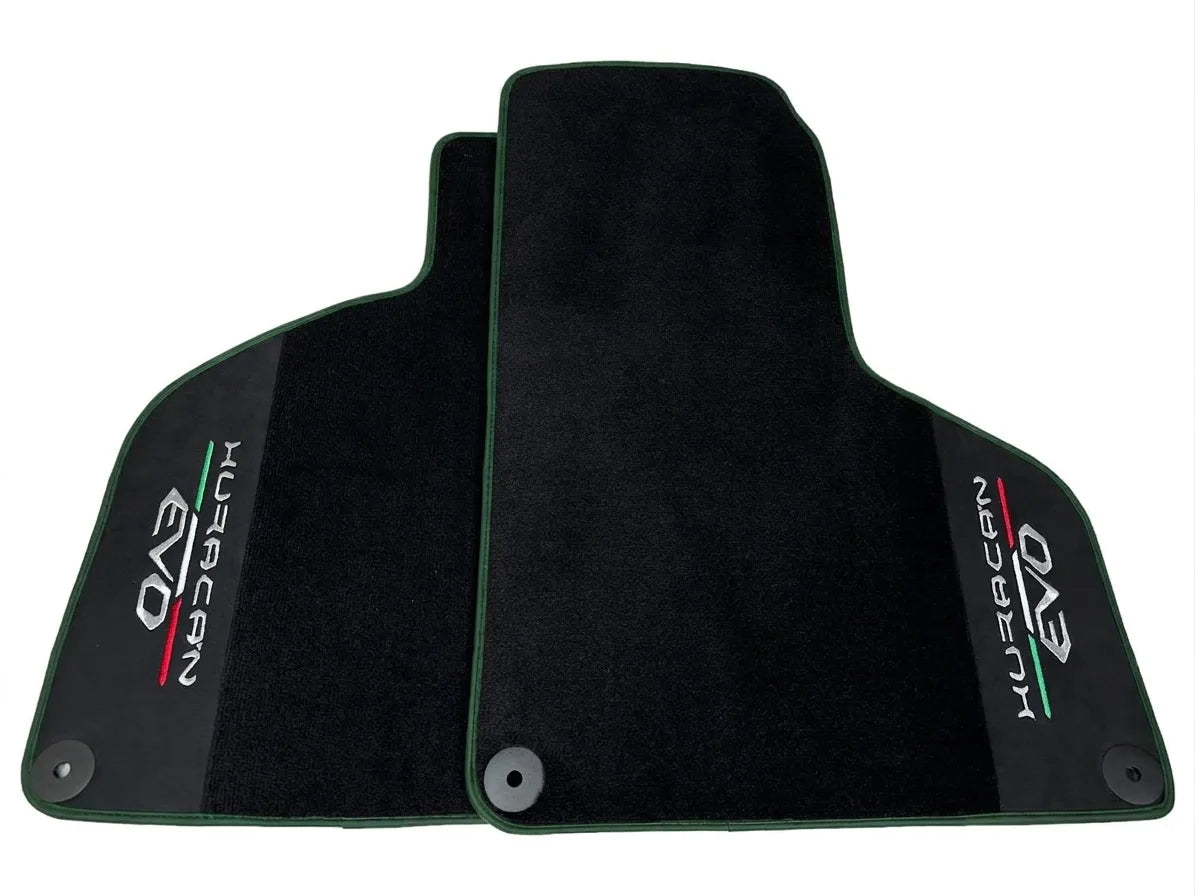 Black Floor Mats for Lamborghini Huracan EVO (2019-2024) with Black Alcantara Leather Dark Green trim