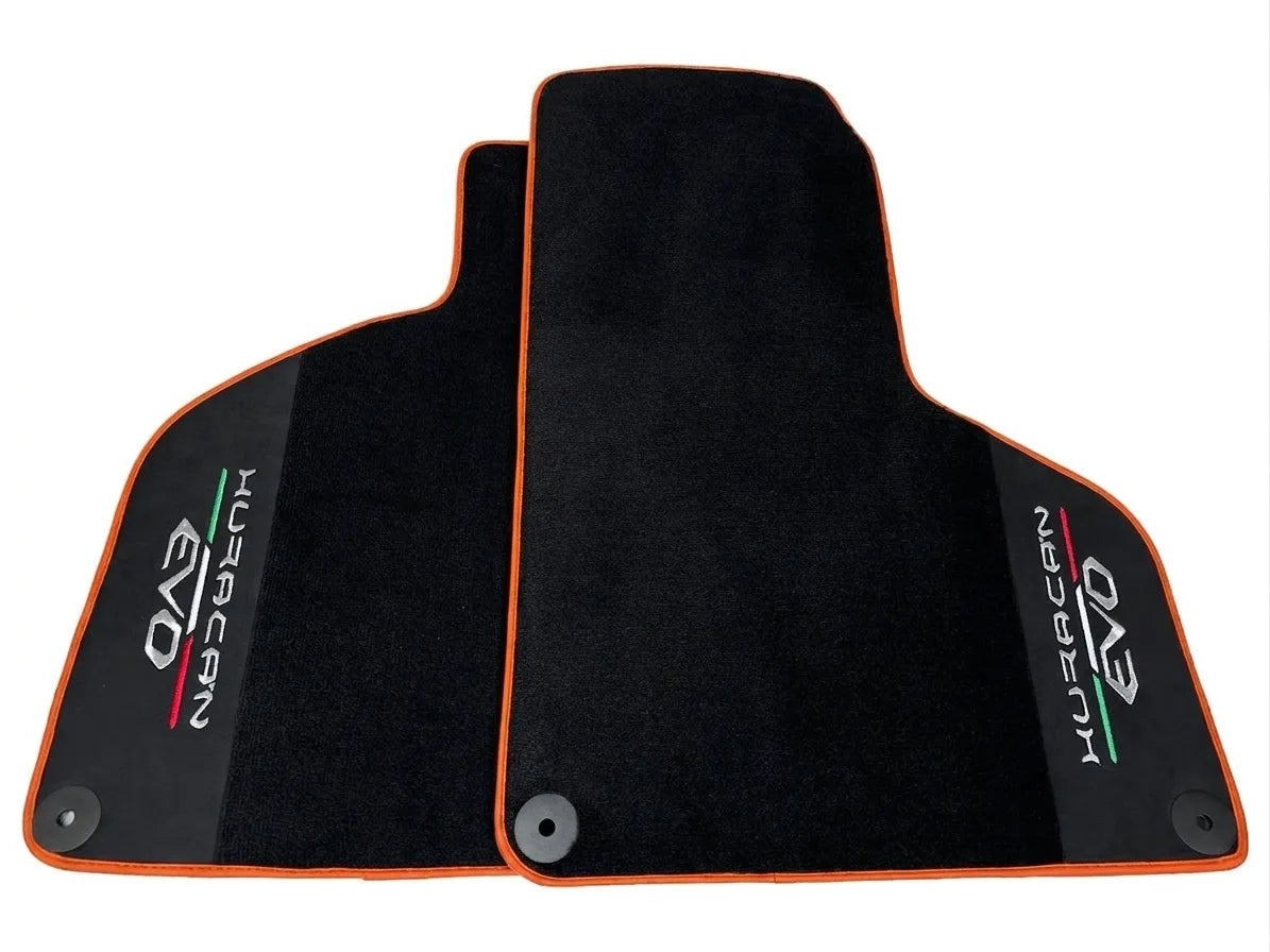 Black Floor Mats for Lamborghini Huracan EVO (2019-2024) with Black Alcantara Leather Orange trim
