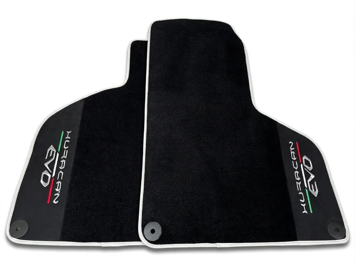 Black Floor Mats for Lamborghini Huracan EVO (2019-2024) with Black Alcantara Leather White trim