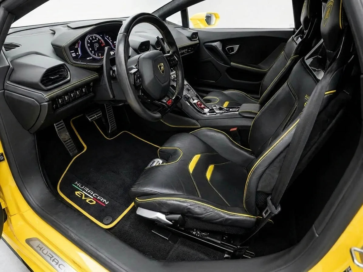 Black Floor Mats for Lamborghini Huracan EVO (2019-2024) with Black Alcantara Leather inside the vehicle