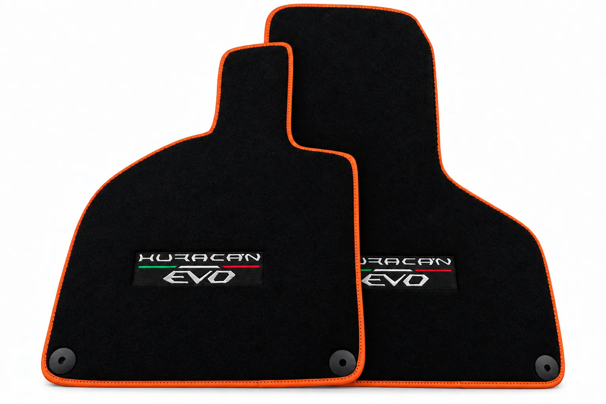 Black Floor Mats for Lamborghini Huracan EVO (2019-2024) with White Trim Orange trim