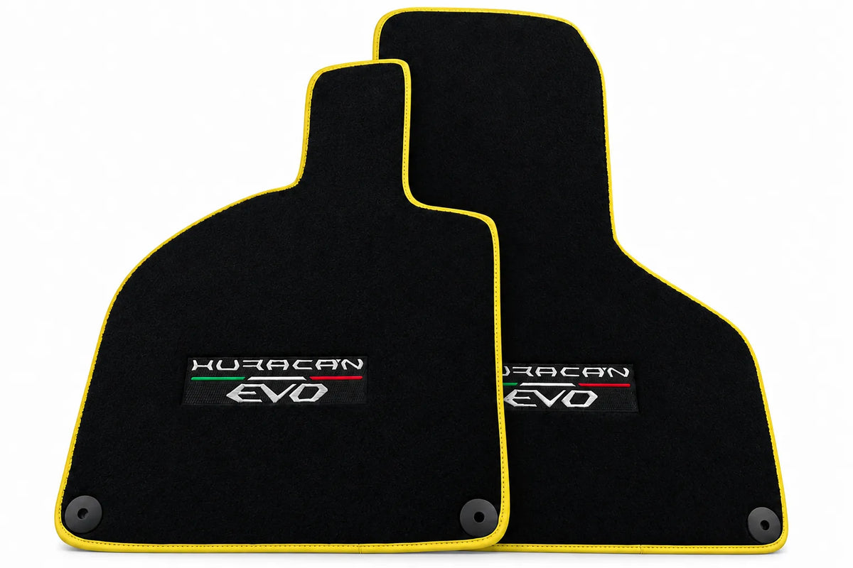 Black Floor Mats for Lamborghini Huracan EVO (2019-2024) with White Trim Yellow trim